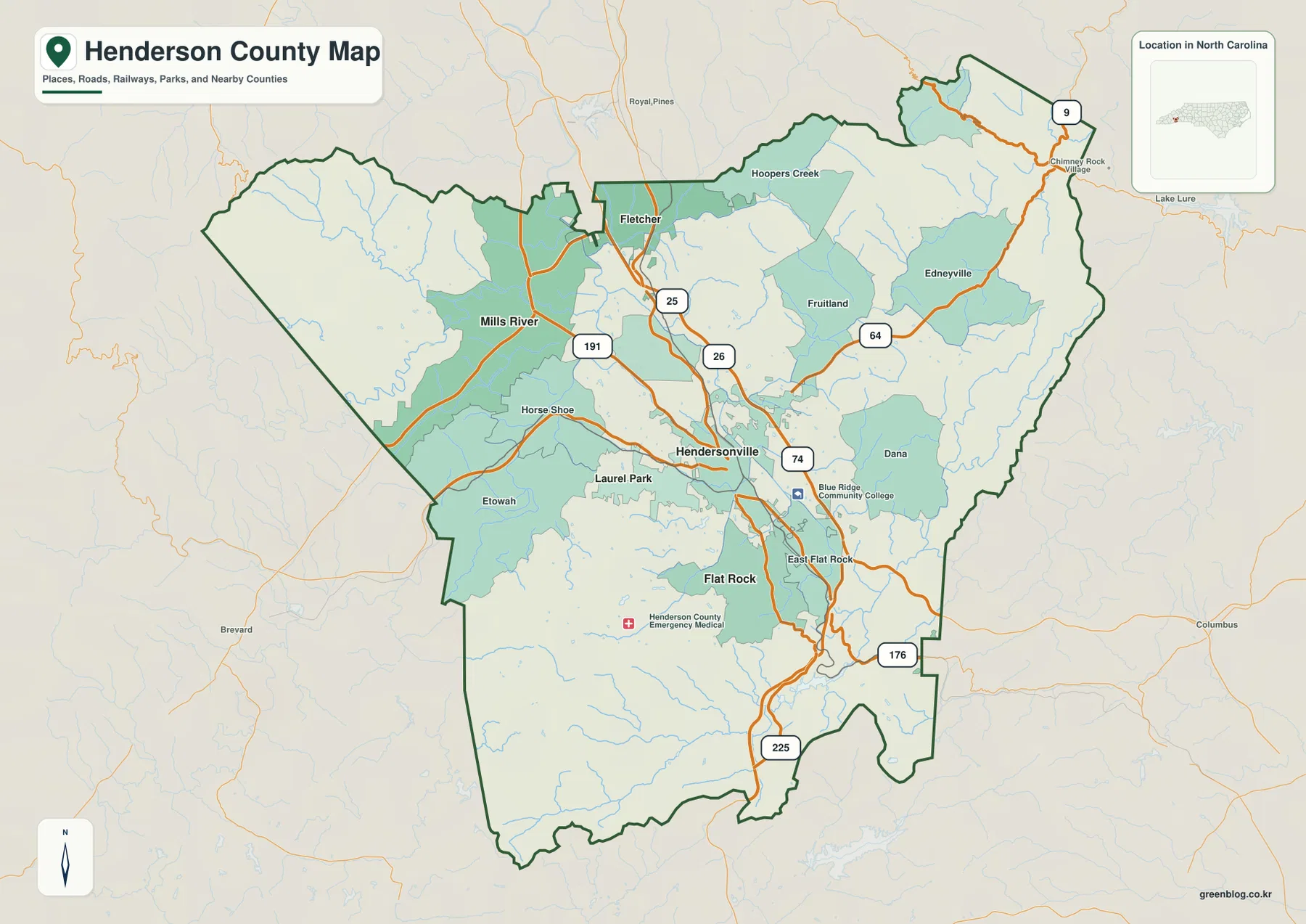 Henderson County North Carolina map showing Hendersonville, Fletcher, Mills River, major roads, and nearby communities