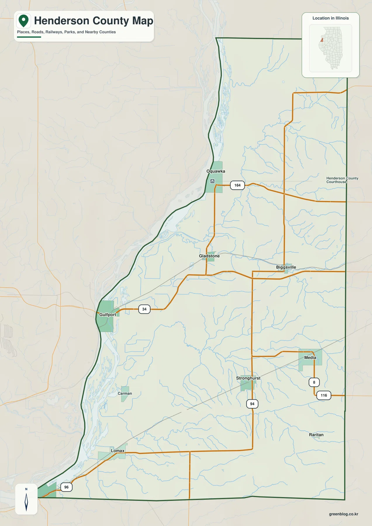 일리노이주 헨더슨 카운티 기본 지도에 표시된 Oquawka, Biggsville, Stronghurst와 Route 164, 34, 94