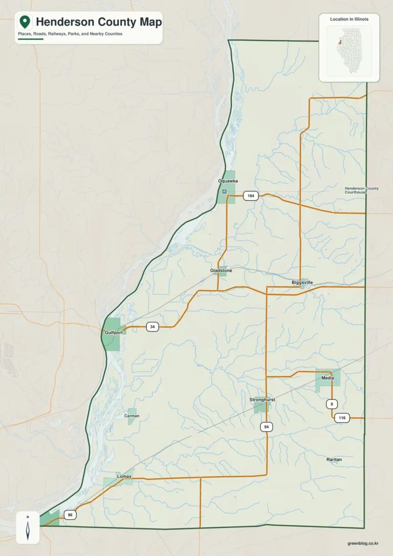 일리노이주 헨더슨 카운티(Henderson County) 지도 – Oquawka 강변에서 동쪽 243m 고지까지