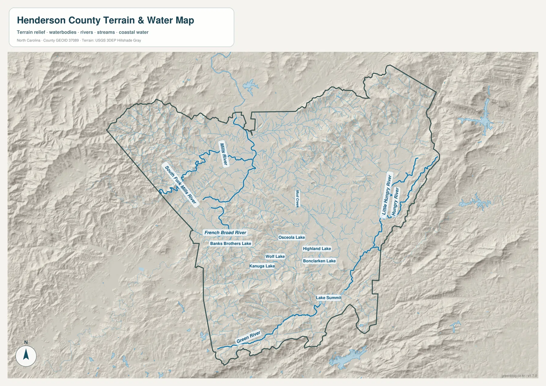 Henderson County terrain and water map showing French Broad River, Mills River, Green River, lakes, and mountain relief