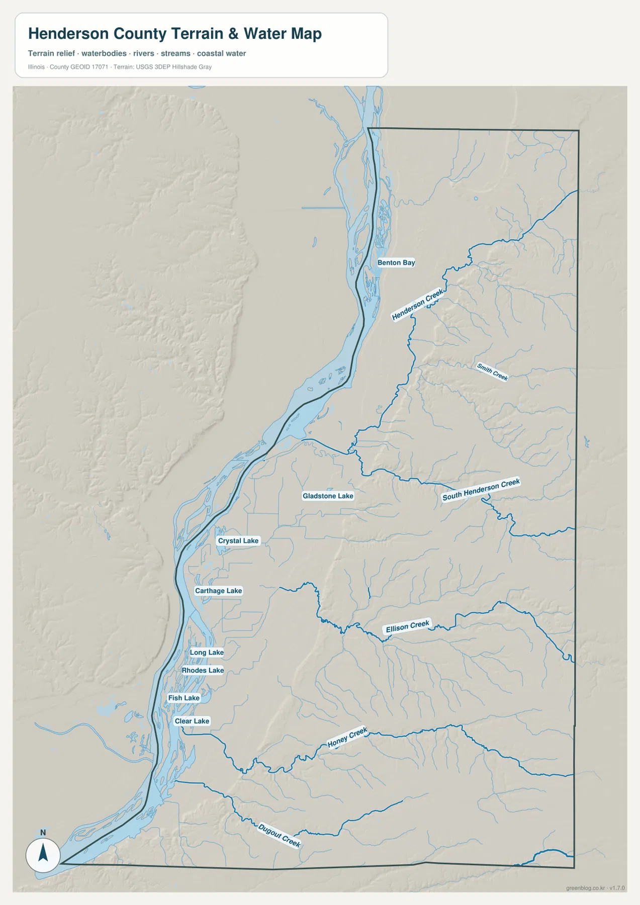 Henderson County 수역 지형 지도에 표시된 Henderson Creek, South Henderson Creek, Honey Creek과 강변 호수
