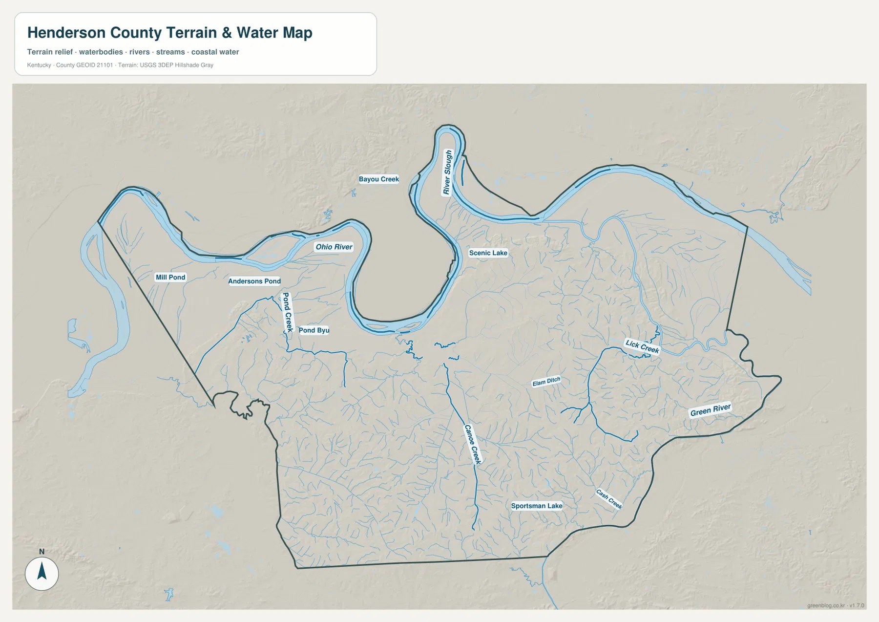 Ohio River, Green River, River Slough, Lick Creek, Canoe Creek 등이 표시된 헨더슨 카운티 수역 지형 지도
