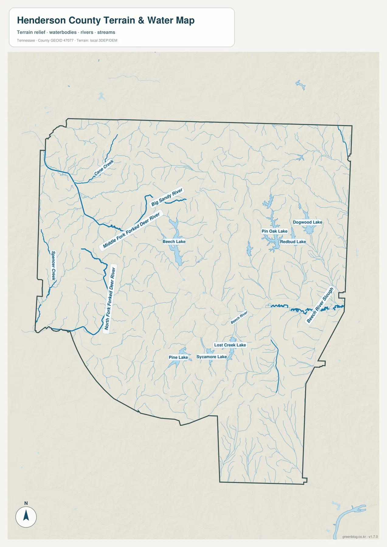 Henderson County Tennessee water map with Forked Deer River branches, Big Sandy River, Beech River and named lakes