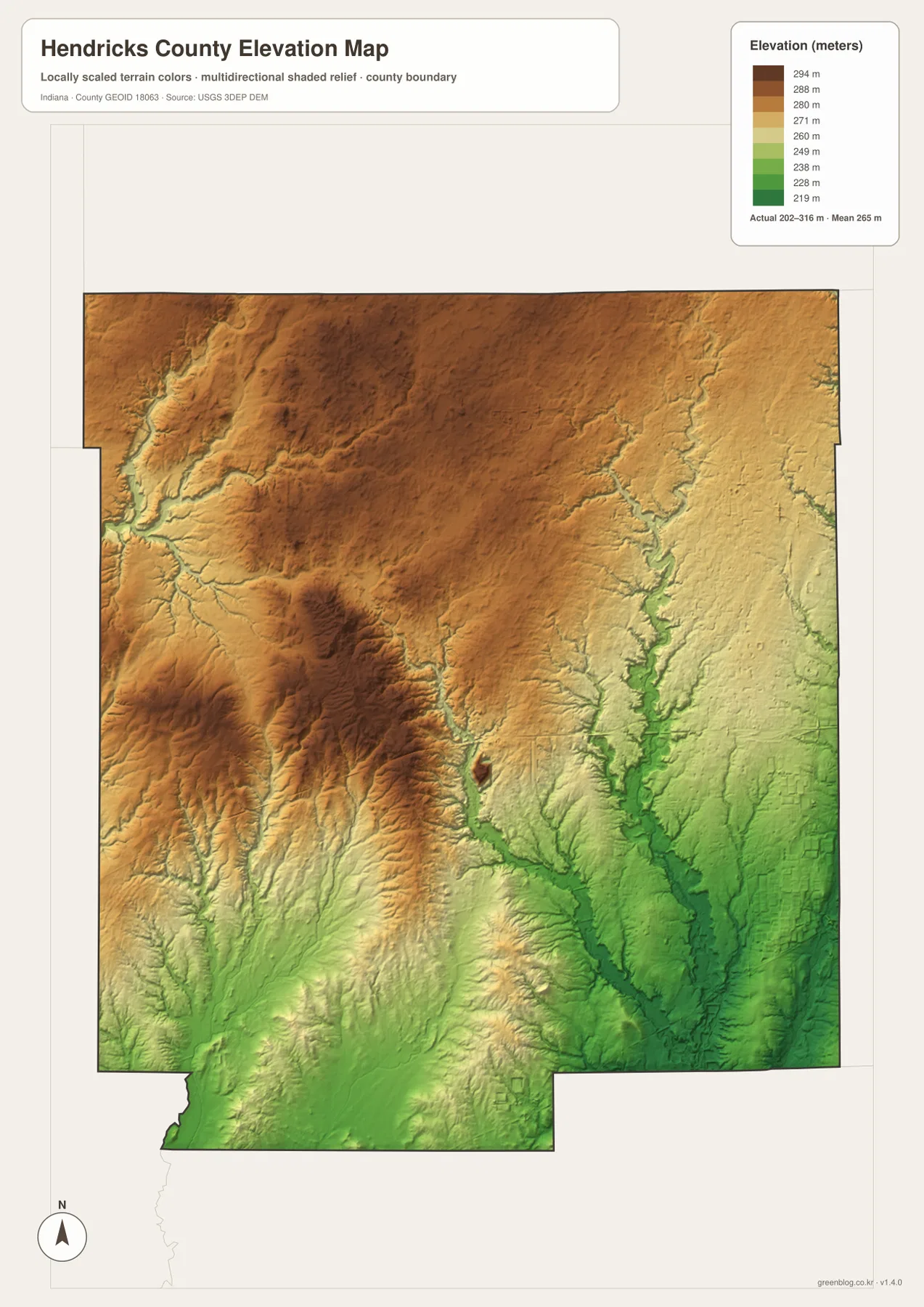 Hendricks County elevation map showing higher brown terrain in the north and west and lower green terrain in the east and southeast