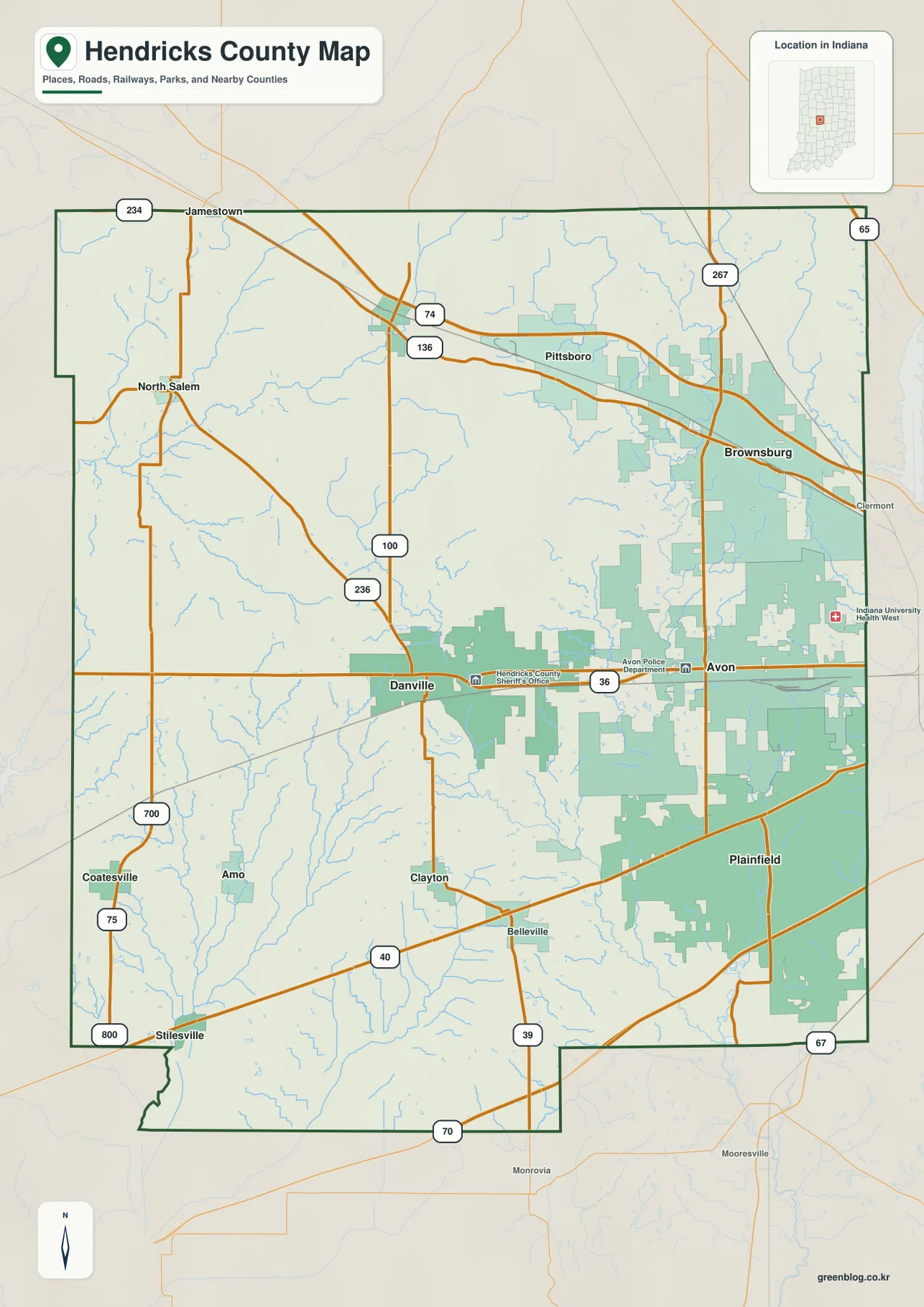 Hendricks County general map showing Danville, Avon, Plainfield, Brownsburg, Pittsboro, Clayton, and major numbered roads