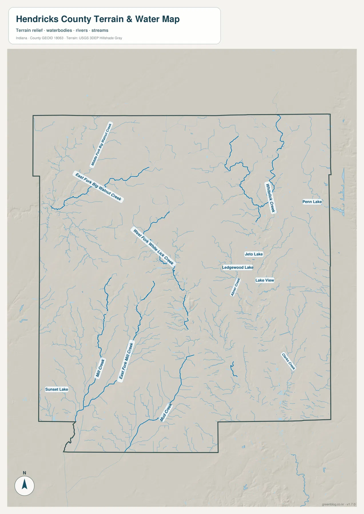 Hendricks County terrain and water map showing White Lick Creek, West Fork White Lick Creek, West Fork Big Walnut Creek, East Fork Big Walnut Creek, and the Mill Creek system