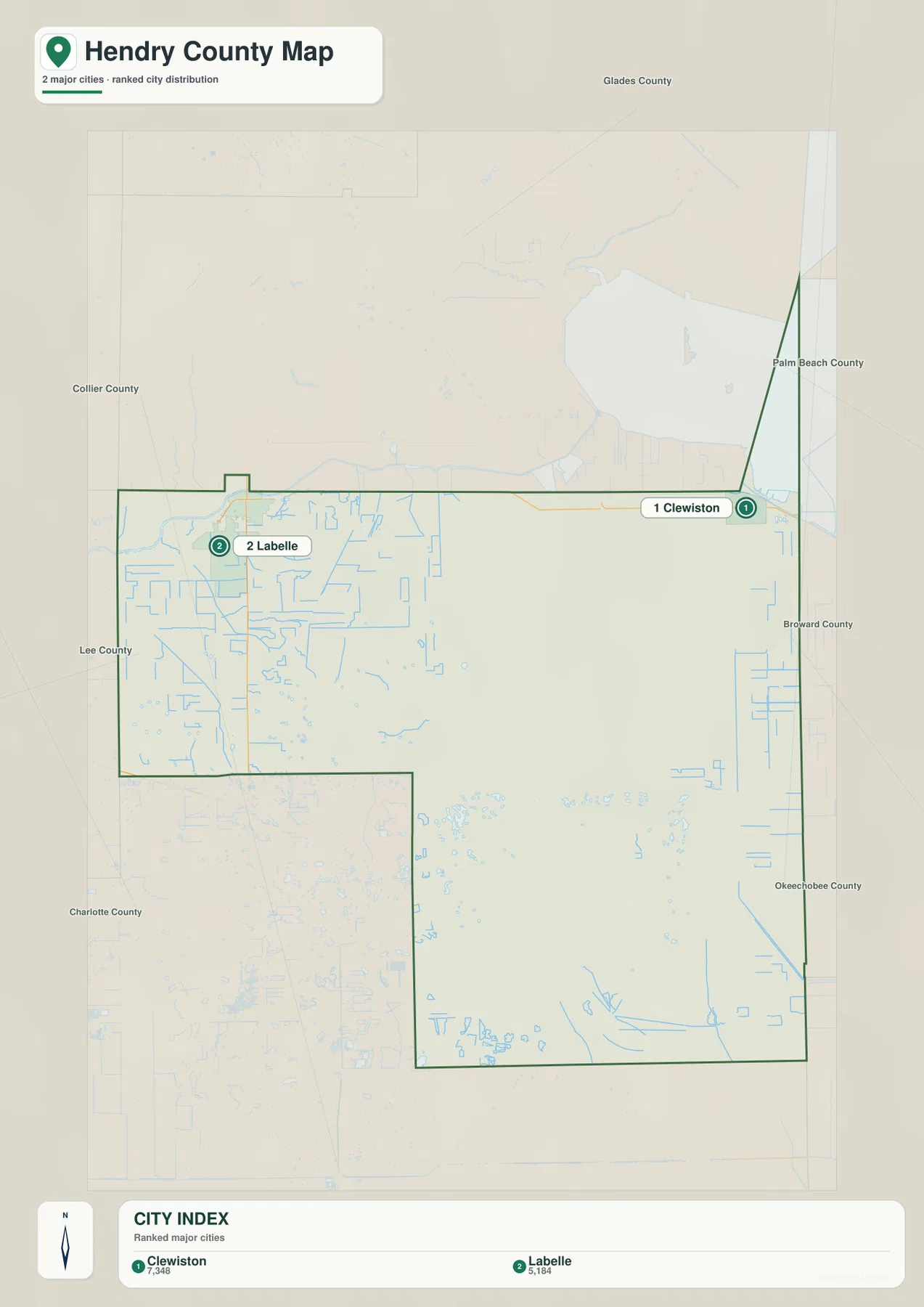 Hendry County city map comparing the western location of LaBelle with the eastern location of Clewiston