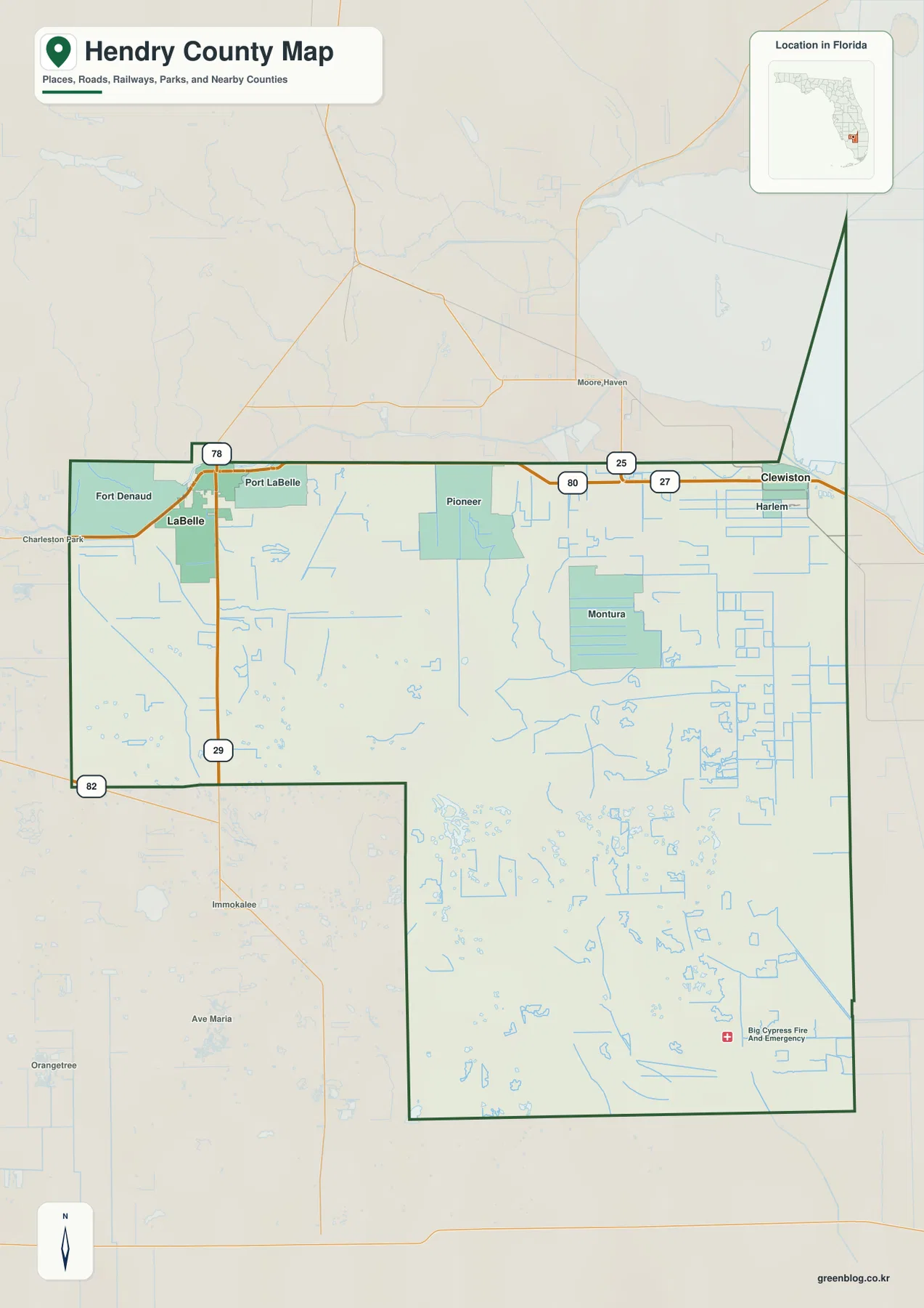 Hendry County map showing LaBelle, Clewiston, Fort Denaud, Port LaBelle, Pioneer, Montura, Harlem, and major roads