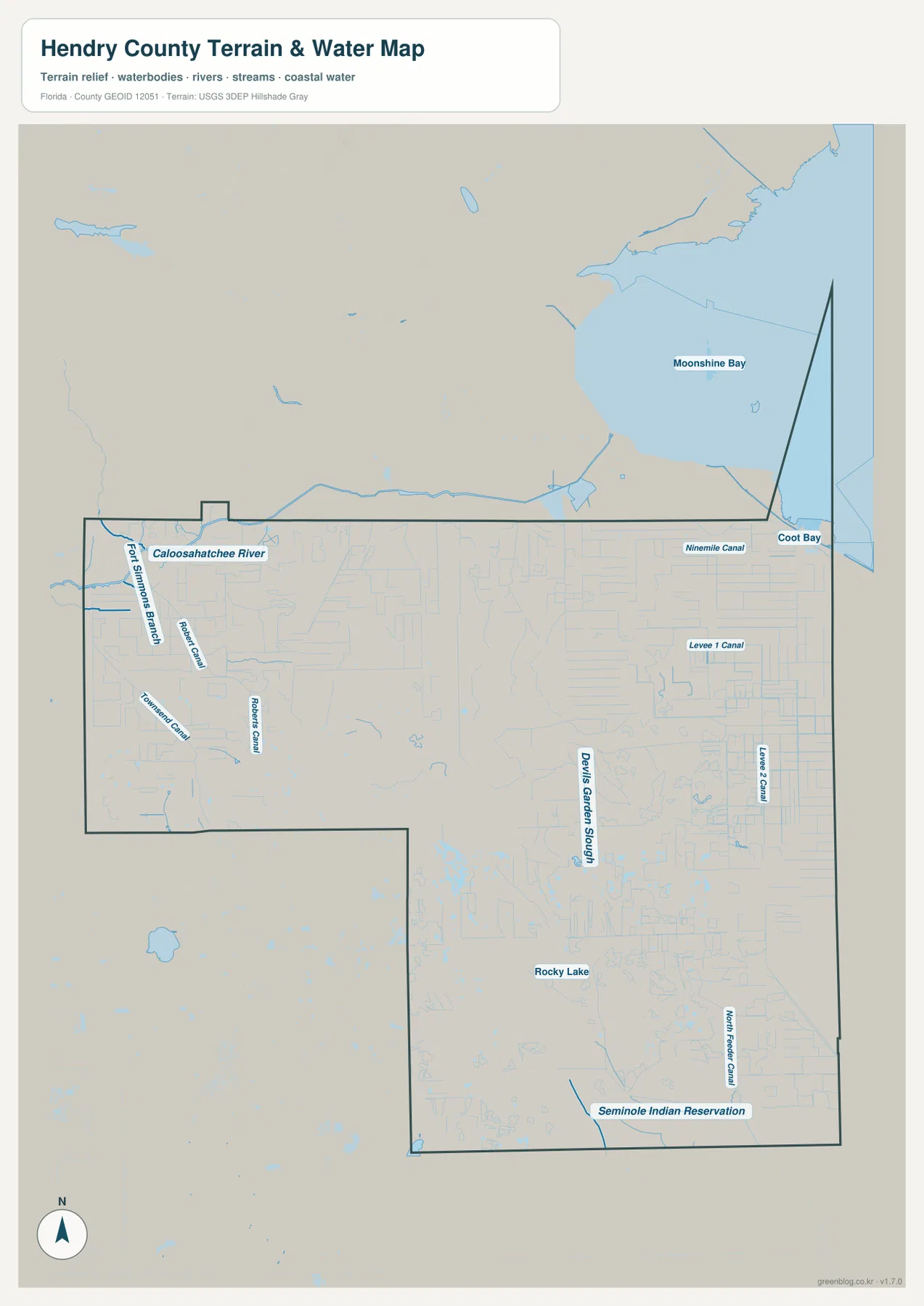 Hendry County terrain and water map showing the Caloosahatchee River, canals, Devil’s Garden Slough, Rocky Lake, and the southeastern reservation area