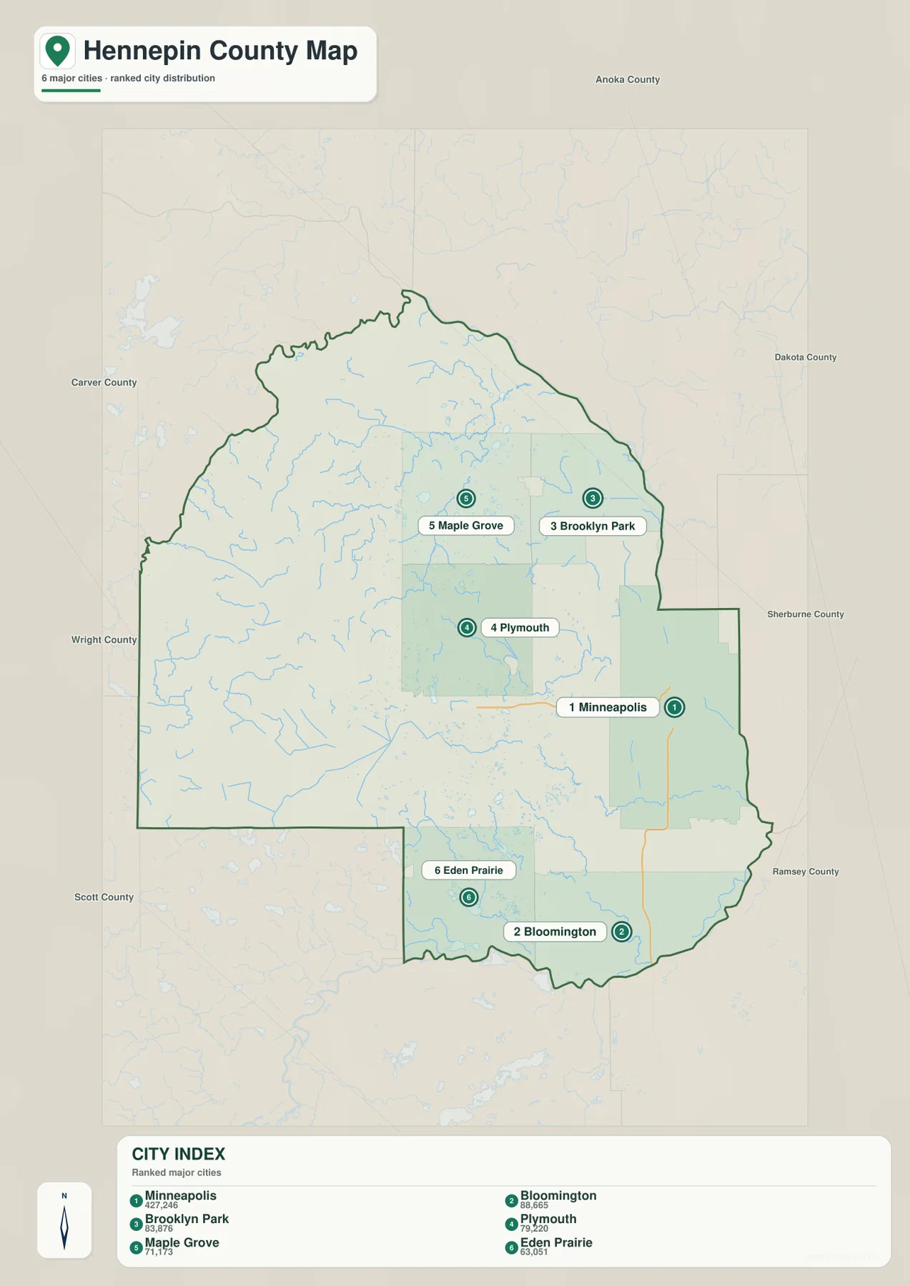 Hennepin County city map showing Minneapolis, Bloomington, Brooklyn Park, Plymouth, Maple Grove and Eden Prairie