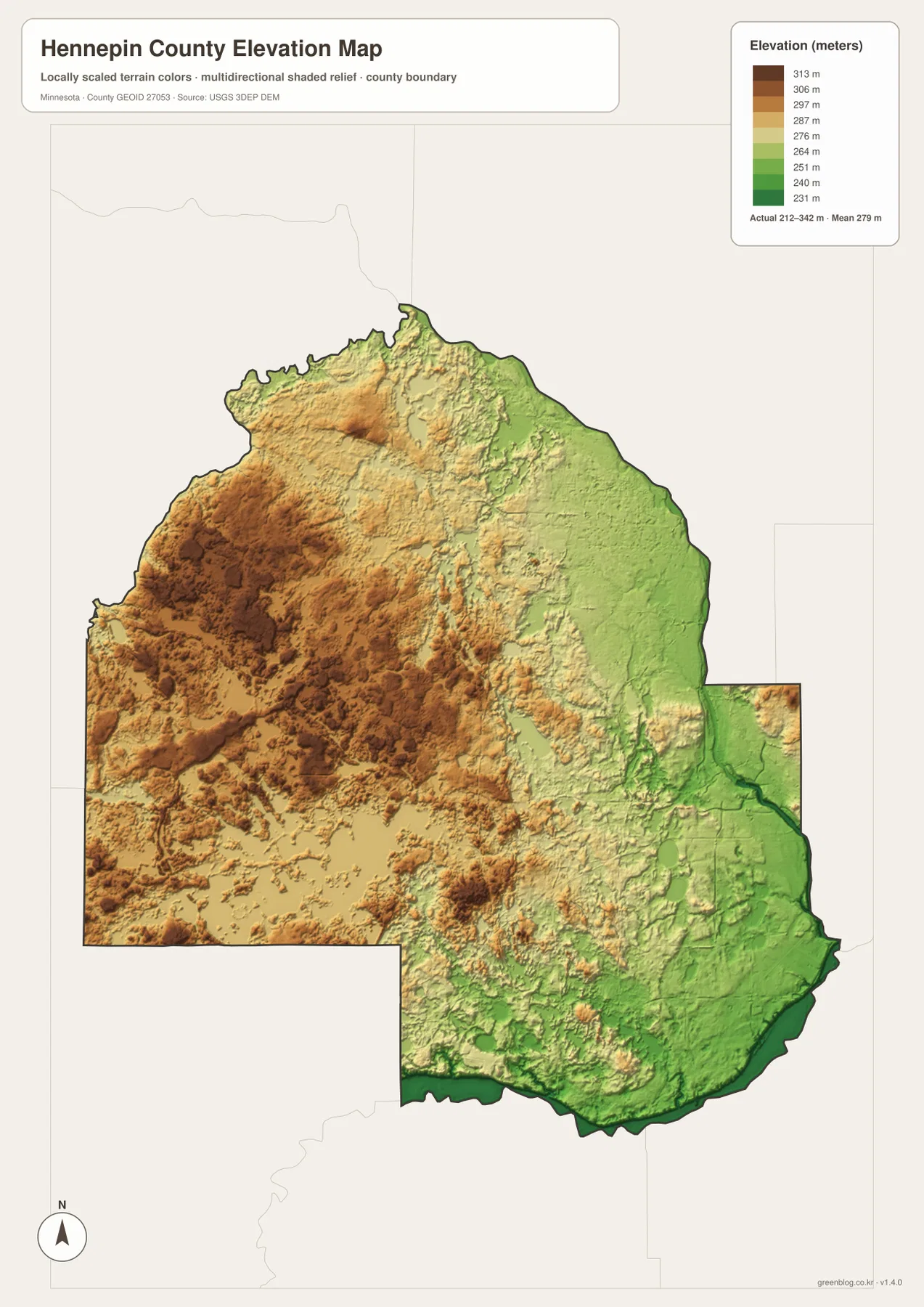 Hennepin County elevation map showing approximately 212 to 342 meters of elevation