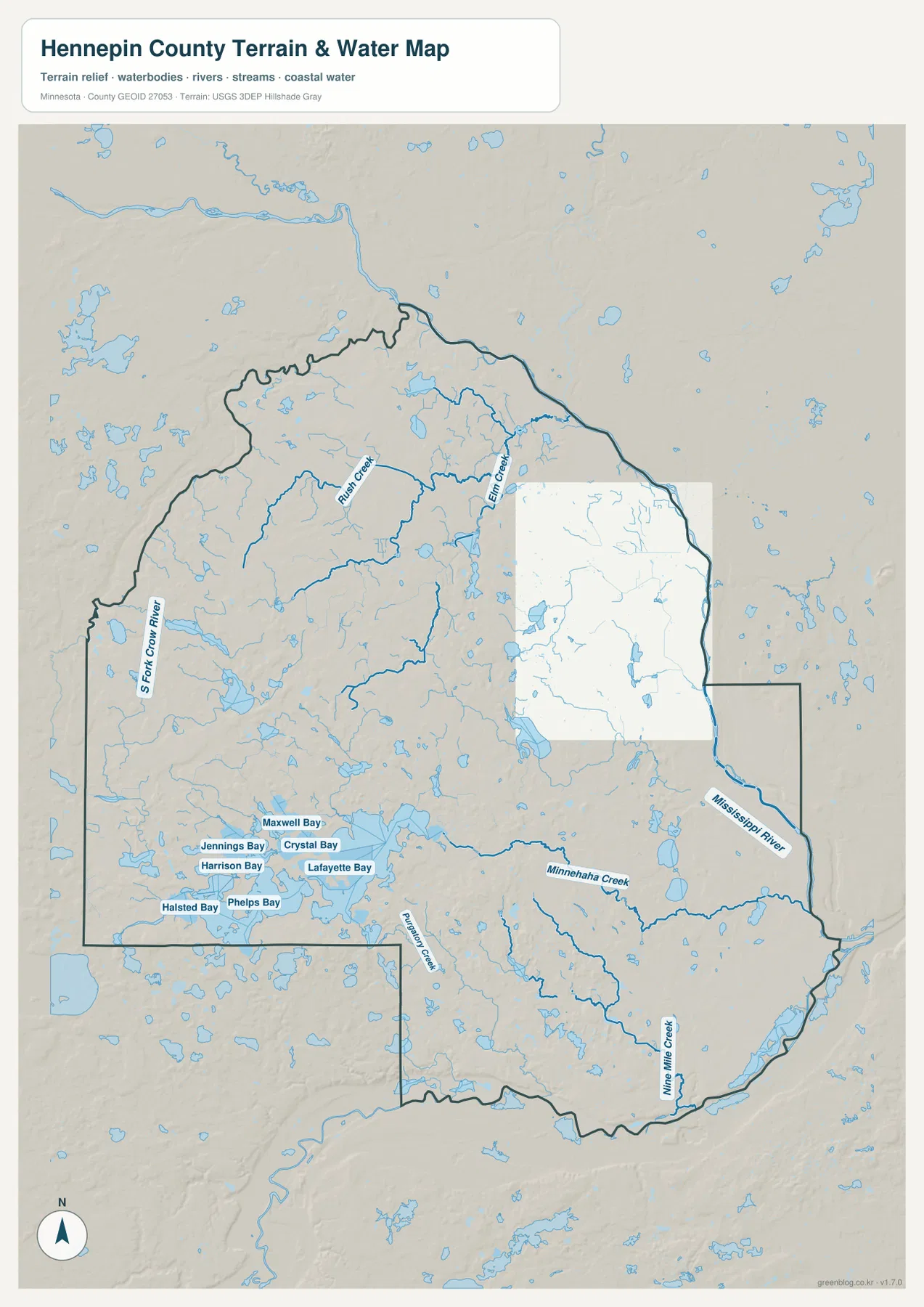 Hennepin County water map showing the Mississippi River, Minnehaha Creek, Nine Mile Creek, Elm Creek, Rush Creek and western bays