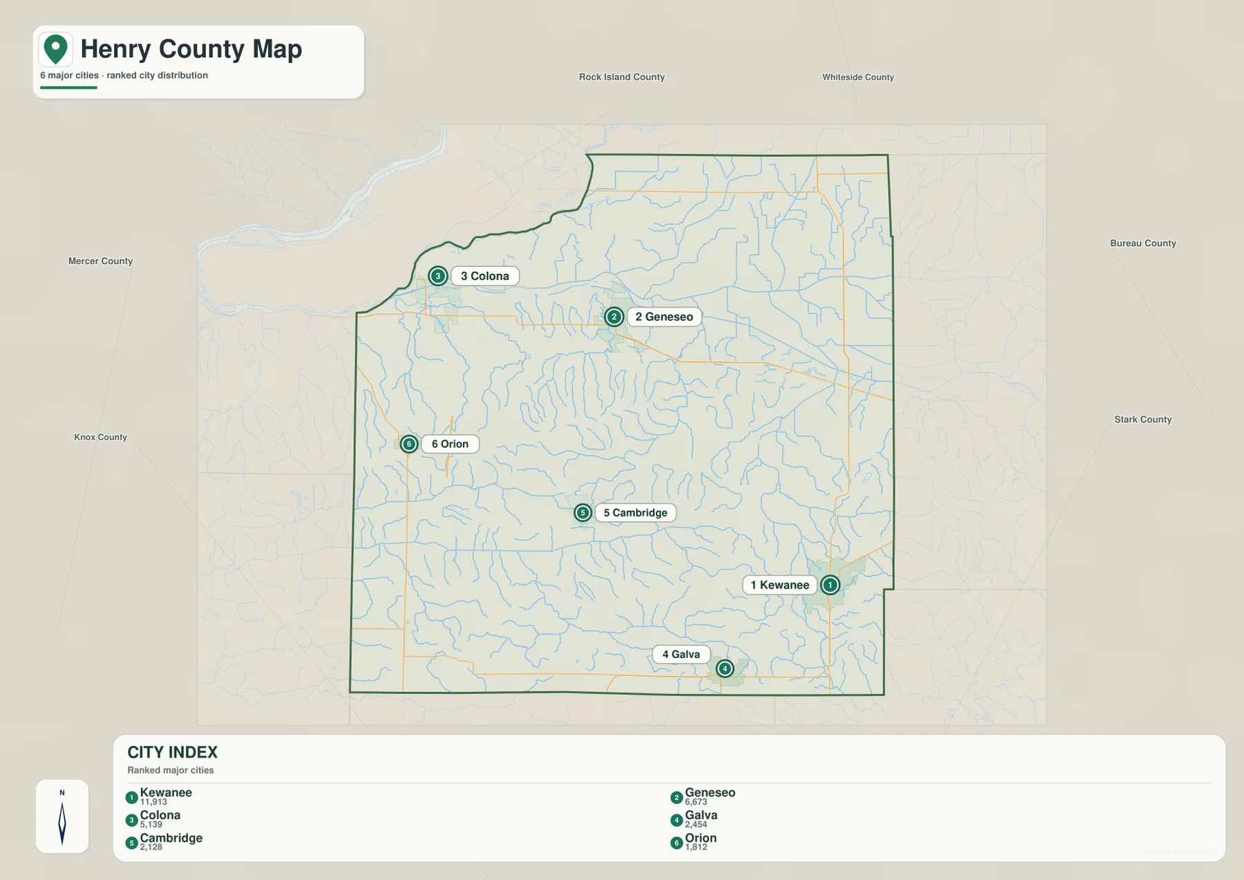 Henry County 도시 순위 지도에 표시된 Kewanee, Geneseo, Colona, Galva, Cambridge, Orion