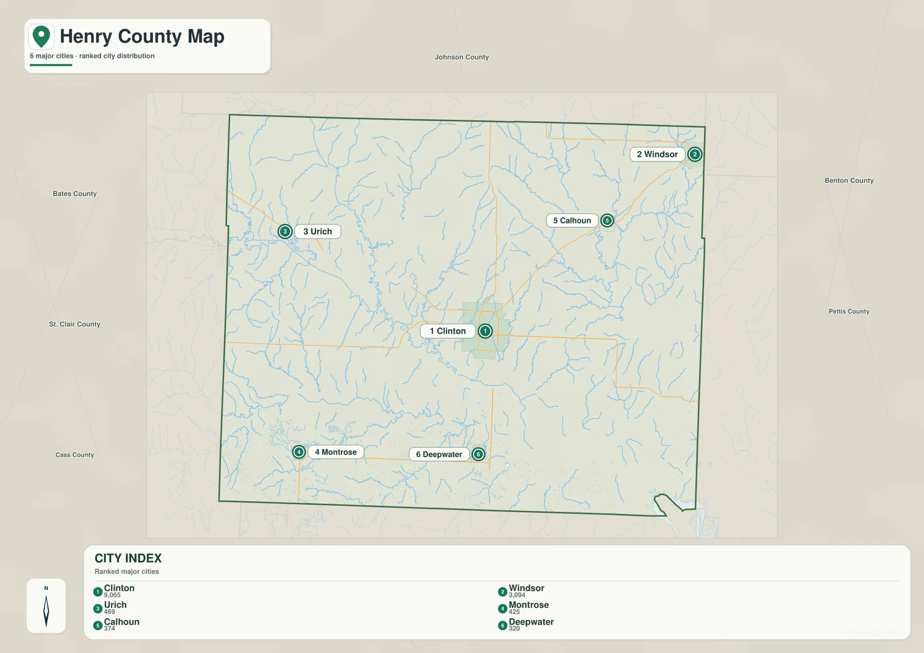 Henry County ranked city distribution map