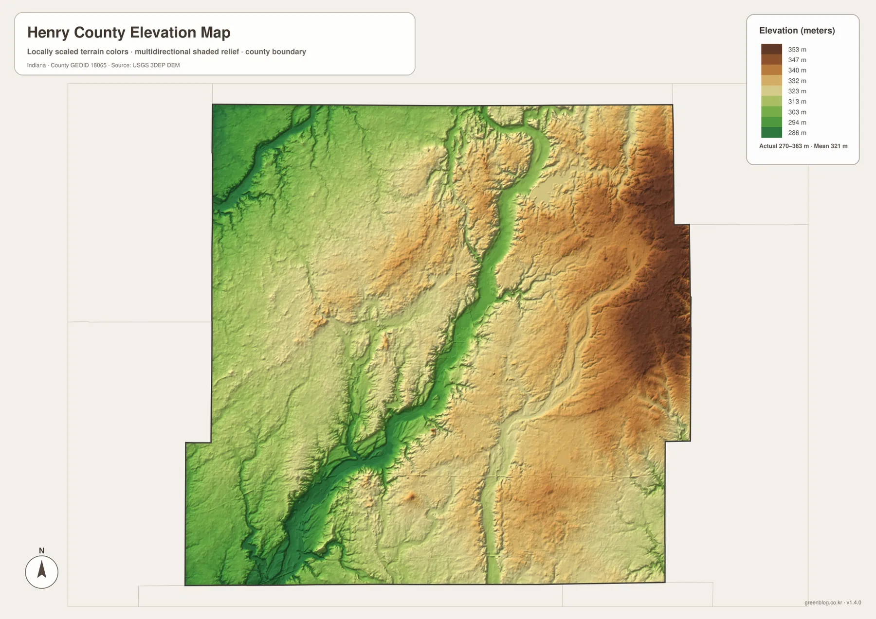 Henry County elevation map showing lower green terrain in the west and southwest, higher brown terrain in the east and northeast, and low river valleys