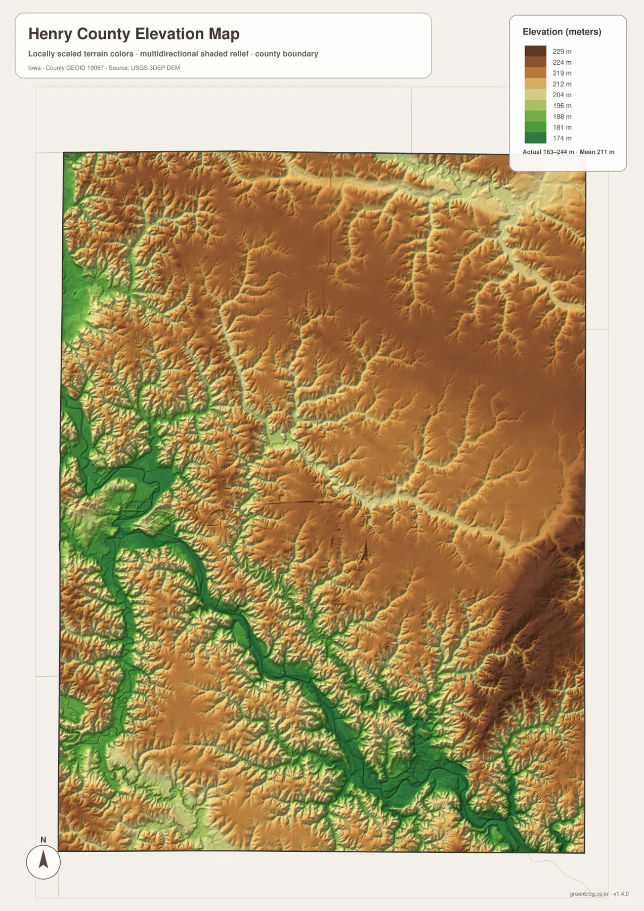 Henry County Iowa 163 244m 고도 북부 고지 Skunk River 저지 지도