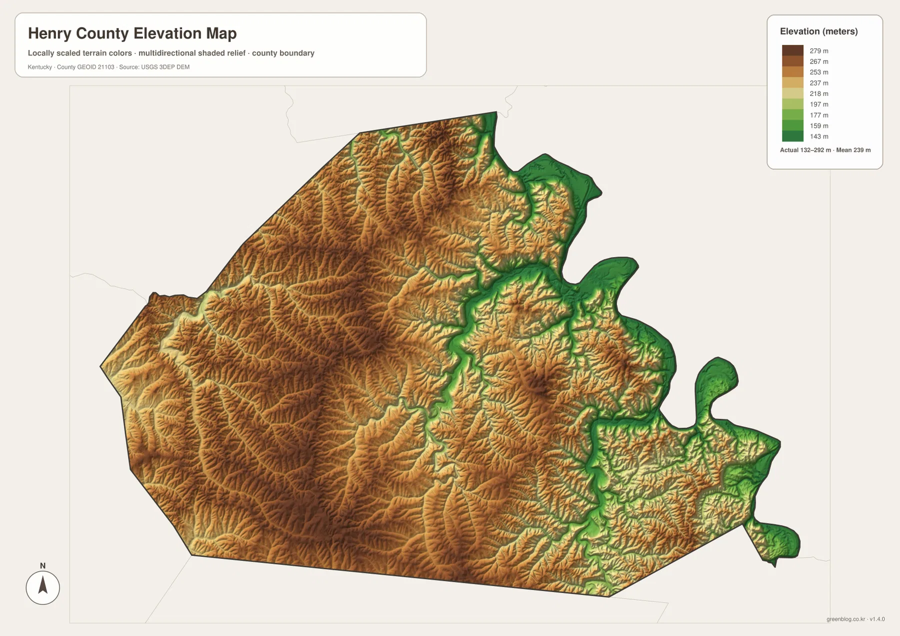 Henry County Kentucky elevation map showing an actual range of 132 to 292 meters and a mean of 239 meters