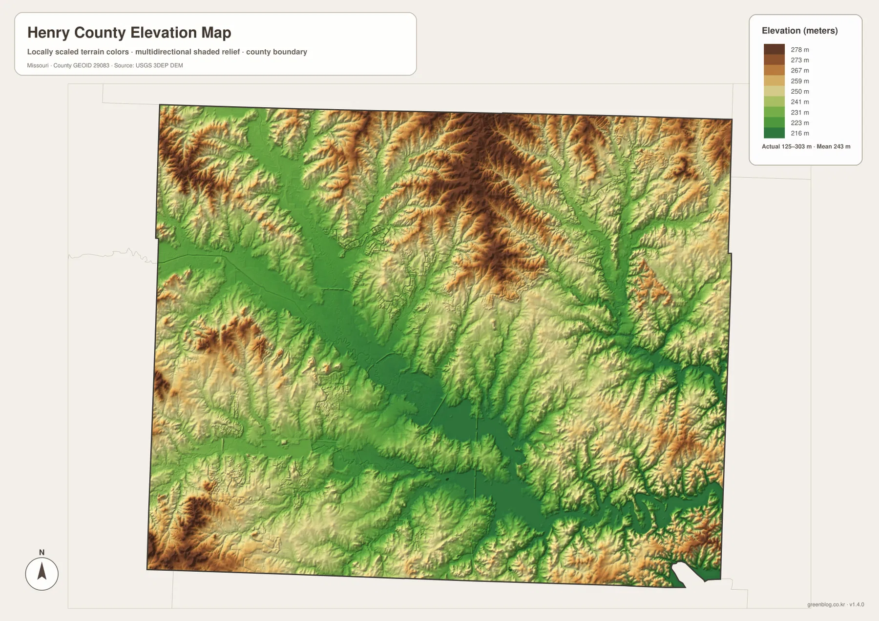 Henry County elevation map from 125 to 303 meters