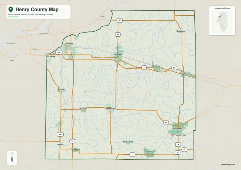 일리노이주 헨리 카운티(Henry County) 지도 – Geneseo·Kewanee와 Green River 북부 평지