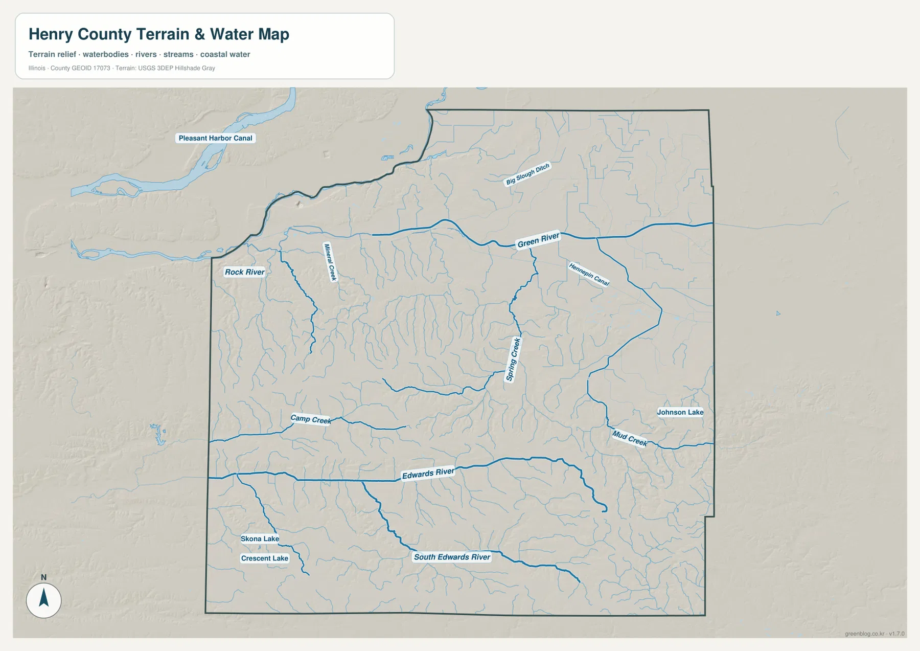 Henry County 수역 지도에 표시된 Rock River, Green River, Edwards River, South Edwards River와 Hennepin Canal