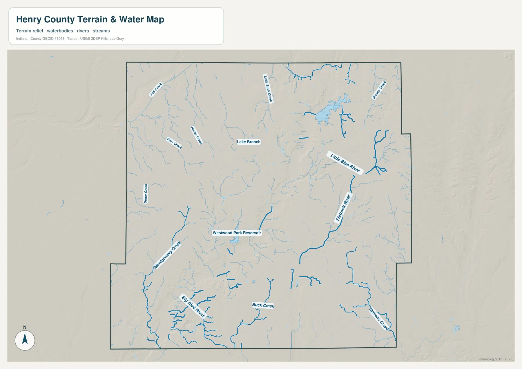 Henry County terrain and water map showing Little Blue River, Flatrock River, Big Blue River, Westwood Park Reservoir, Honey Creek, and Buck Creek
