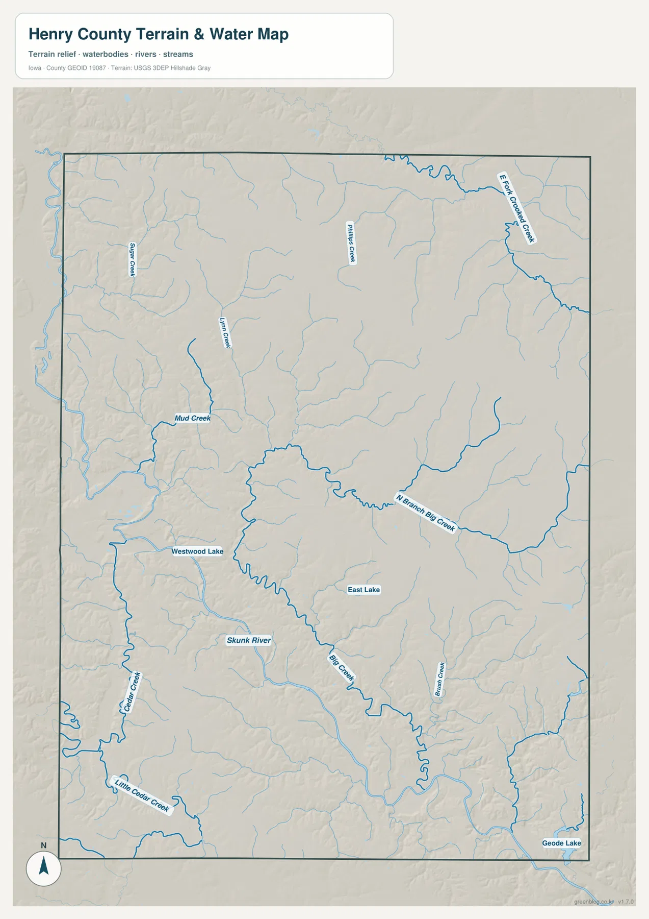 Henry County Iowa Skunk River Big Creek Cedar Creek Geode Lake 물 지형 지도