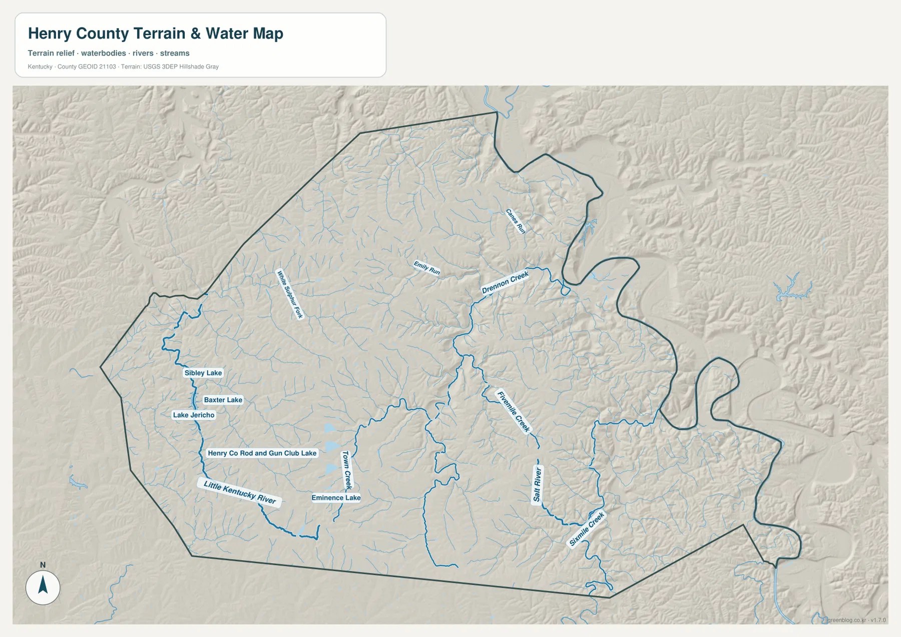 Henry County terrain and water map showing Little Kentucky River, Drennon Creek, Salt River, Sixmile Creek, and local lakes