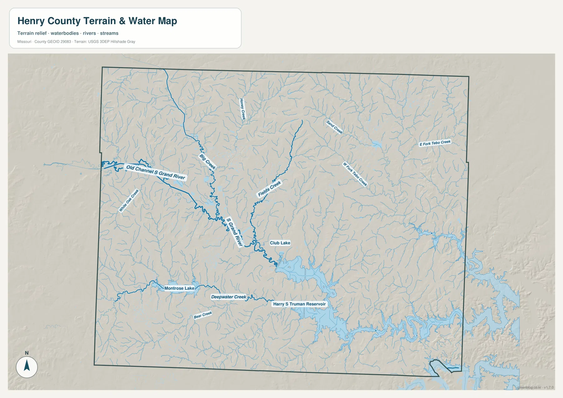 Henry County South Grand River and Truman Reservoir terrain map