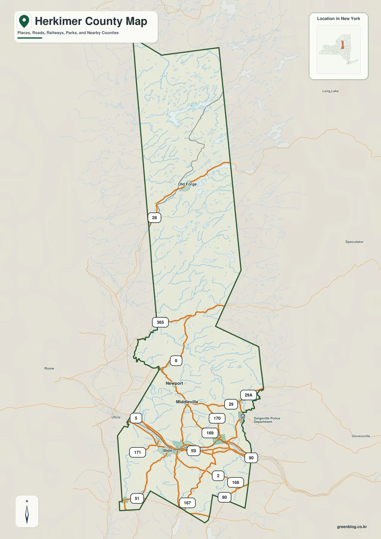 뉴욕주 허키머 카운티(Herkimer County) 지도 – Mohawk Valley의 Ilion·Little Falls와 Old Forge Adirondacks