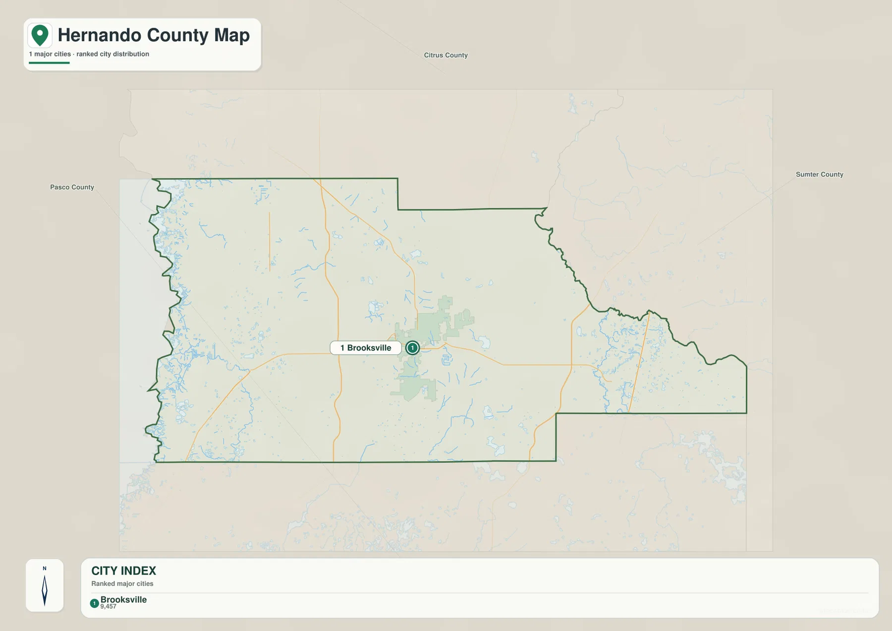 Hernando County city map with Brooksville as the only ranked major city