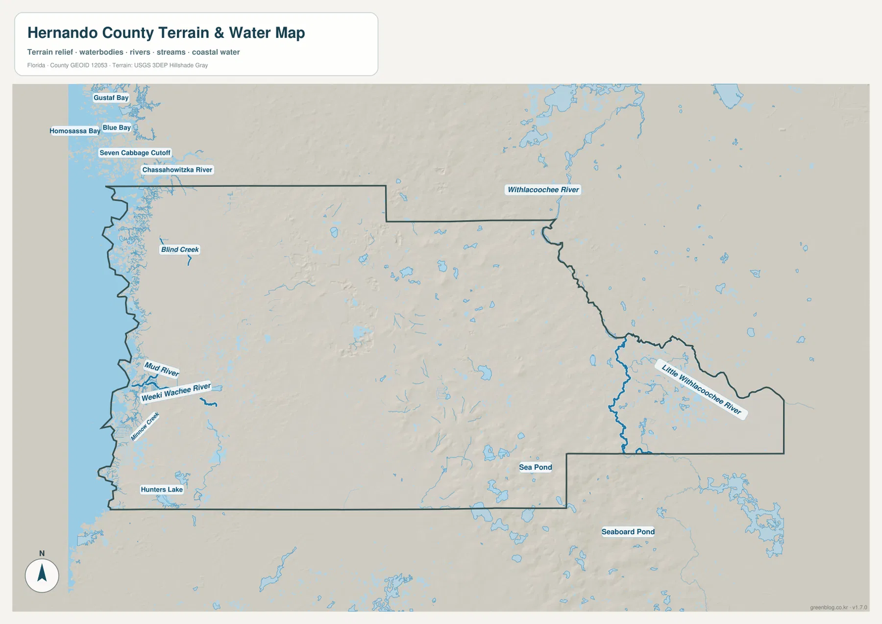 Hernando County terrain and water map showing Weeki Wachee River, Withlacoochee River, Little Withlacoochee River, and Gulf coastal water