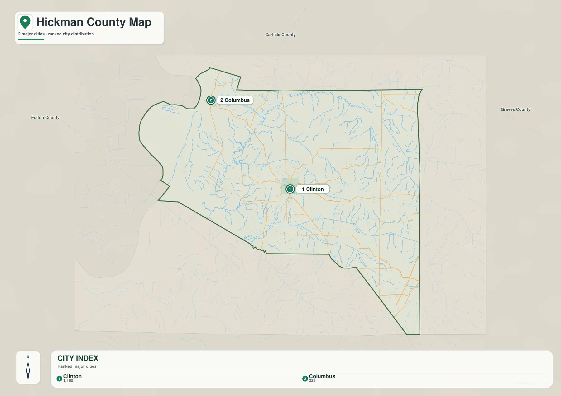 Hickman County city map highlighting Clinton and Columbus in western Kentucky