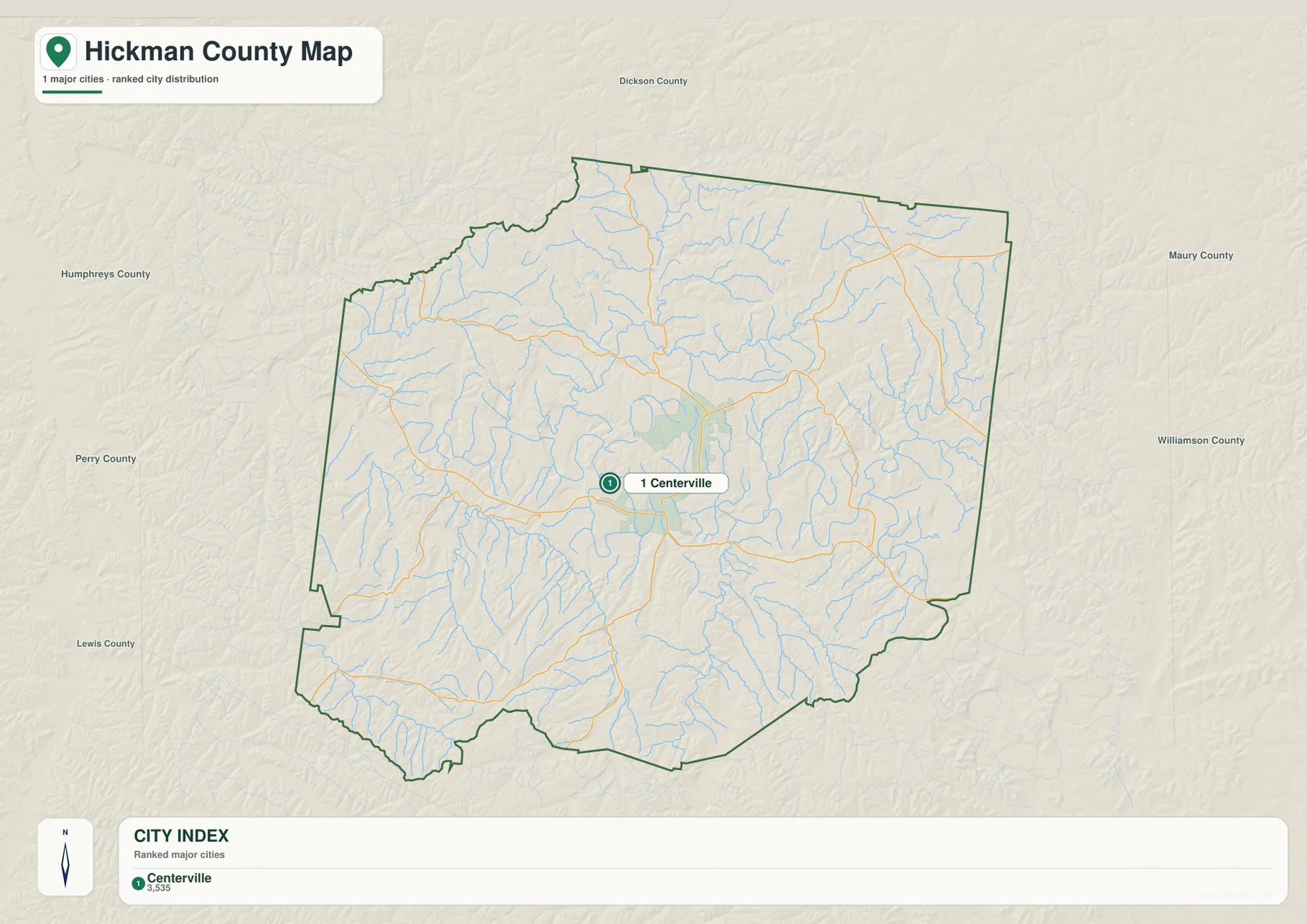 Hickman County Tennessee city map showing Centerville and surrounding counties