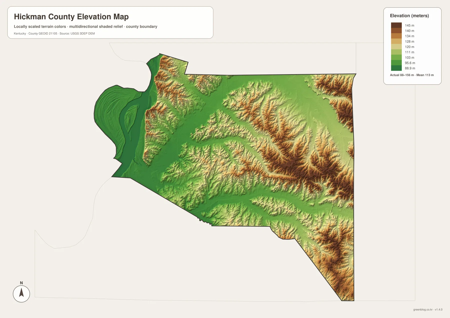 Hickman County elevation map showing an actual range of about 88 to 156 meters and a mean of 113 meters