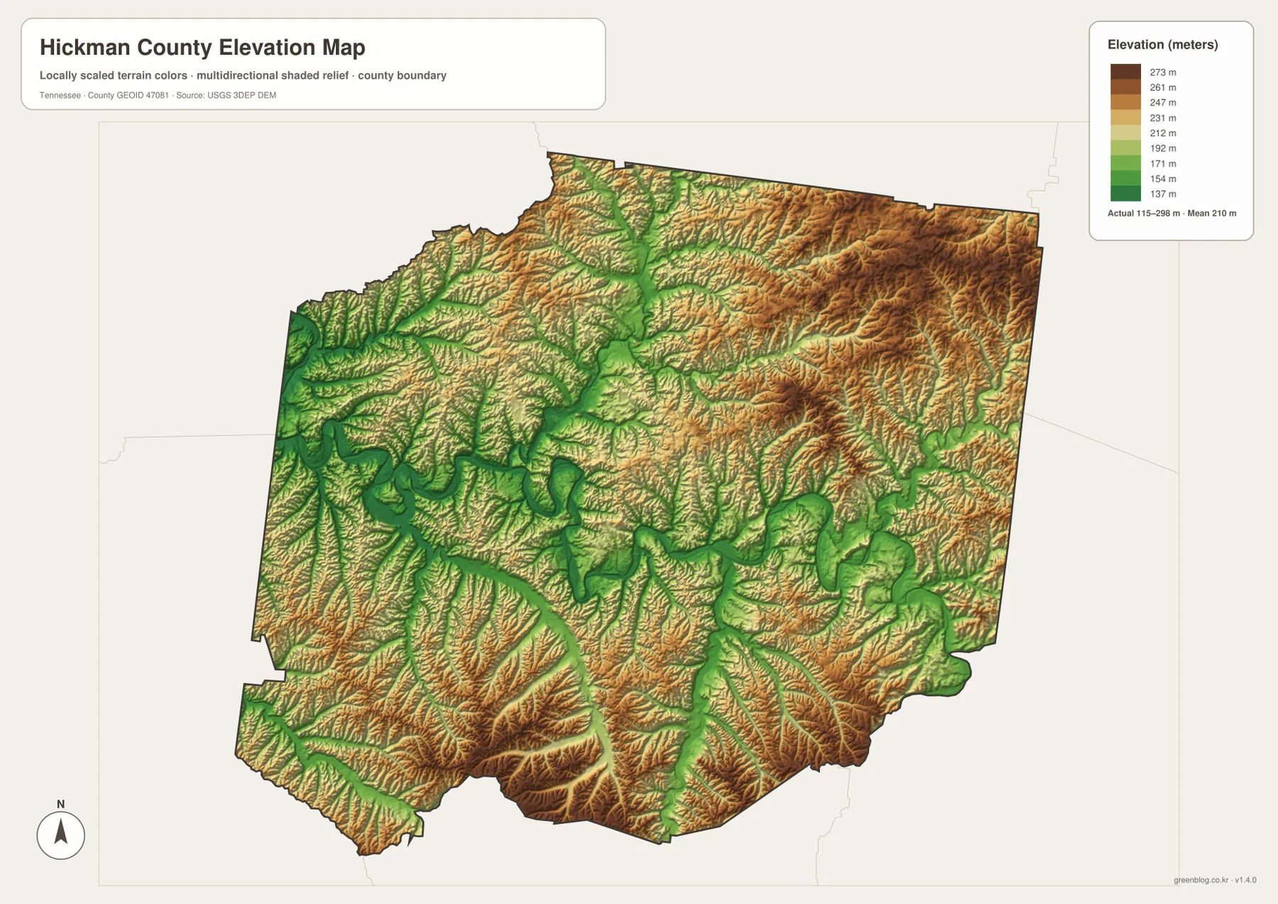 Hickman County Tennessee elevation map showing 115 to 298 meter relief, Duck River lowlands and higher northeastern and southern hills