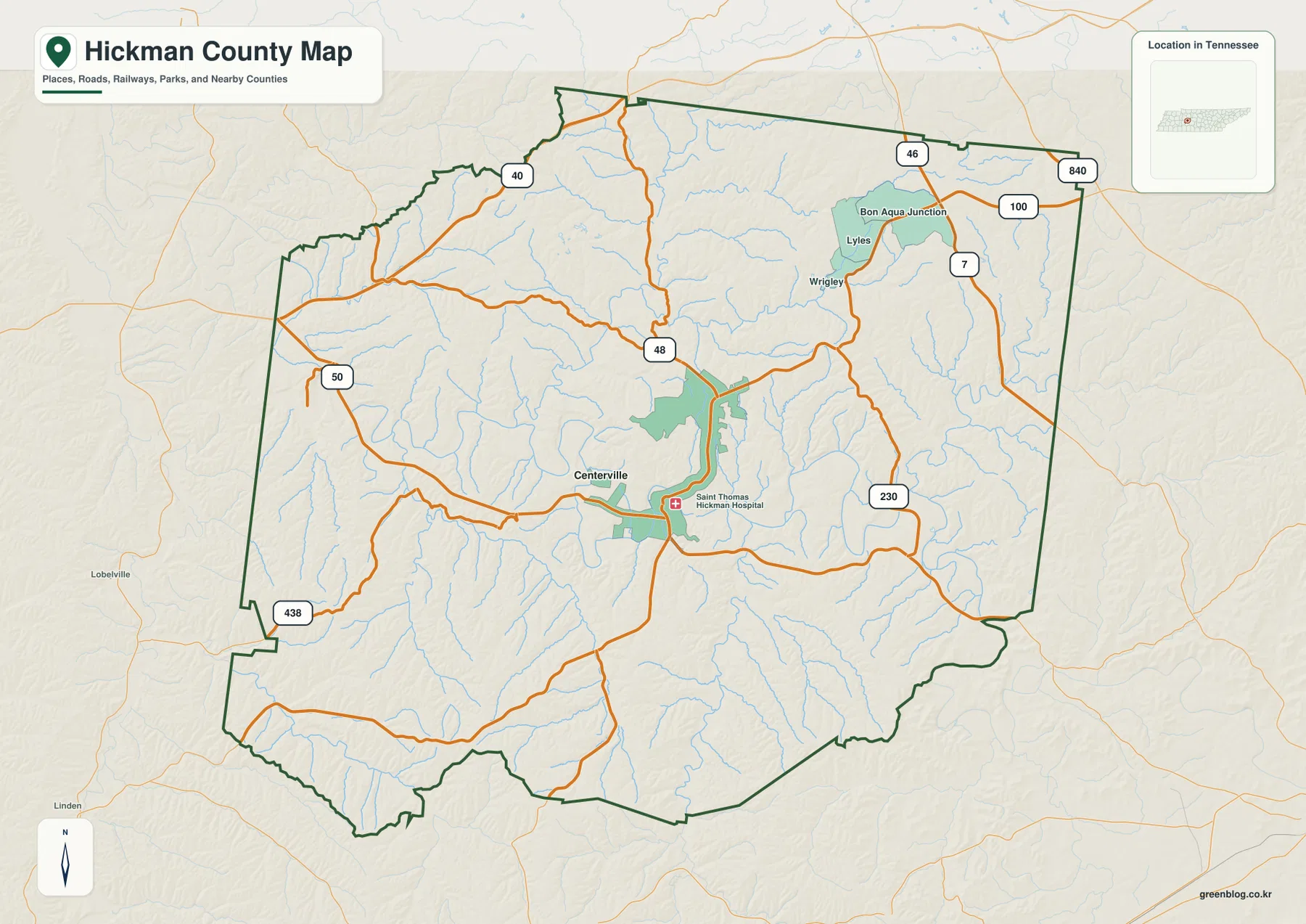 Hickman County Tennessee map with Centerville, Lyles, Wrigley, Bon Aqua Junction and major numbered routes