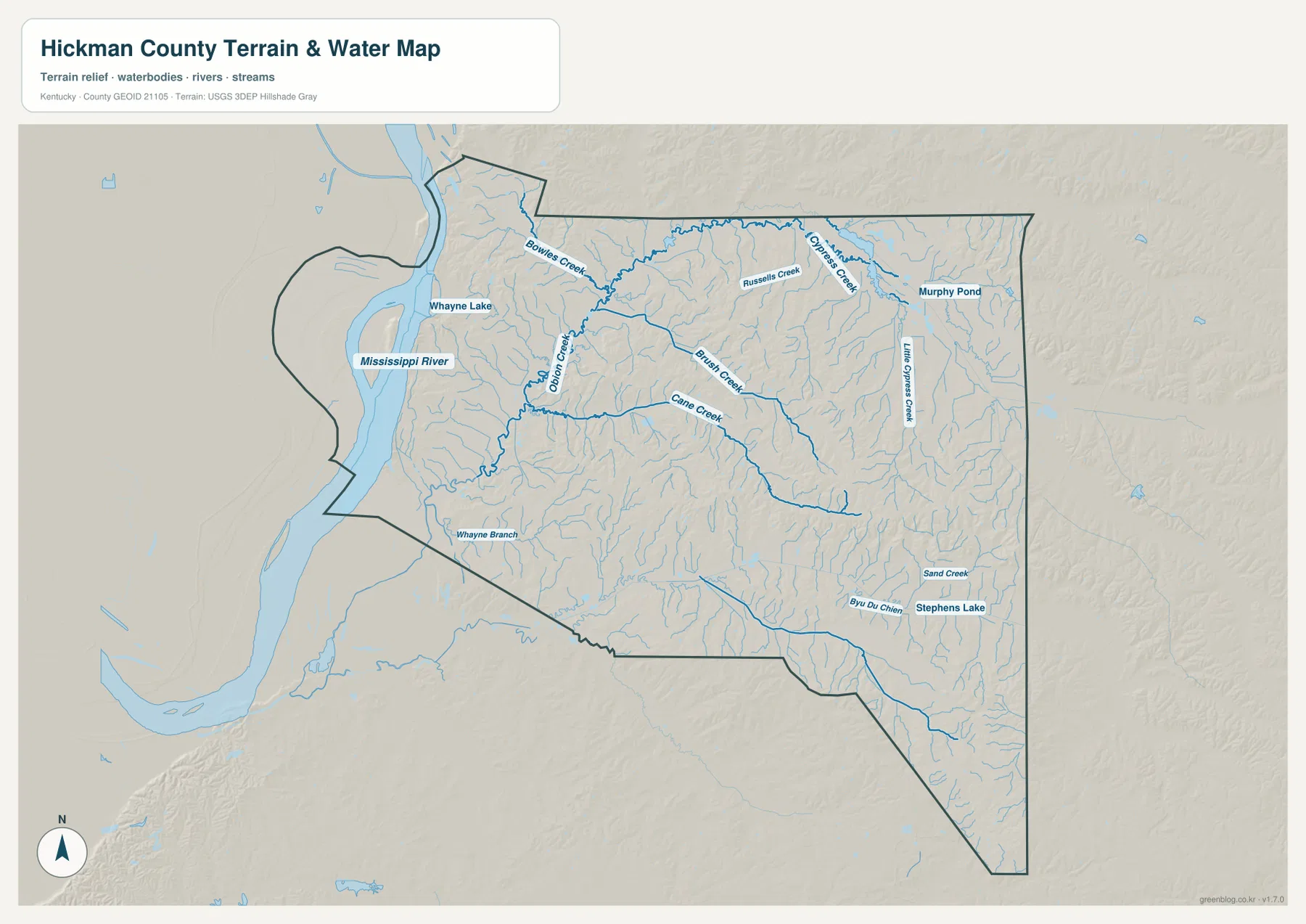 Hickman County water map showing the Mississippi River, Bowles Creek, Obion Creek, Russell Creek, and Cane Creek