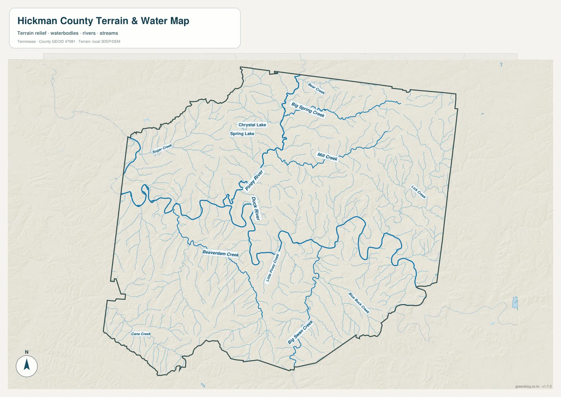 Hickman County Tennessee water map with Duck River, Piney River, Big Spring Creek, Mill Creek and southern tributaries