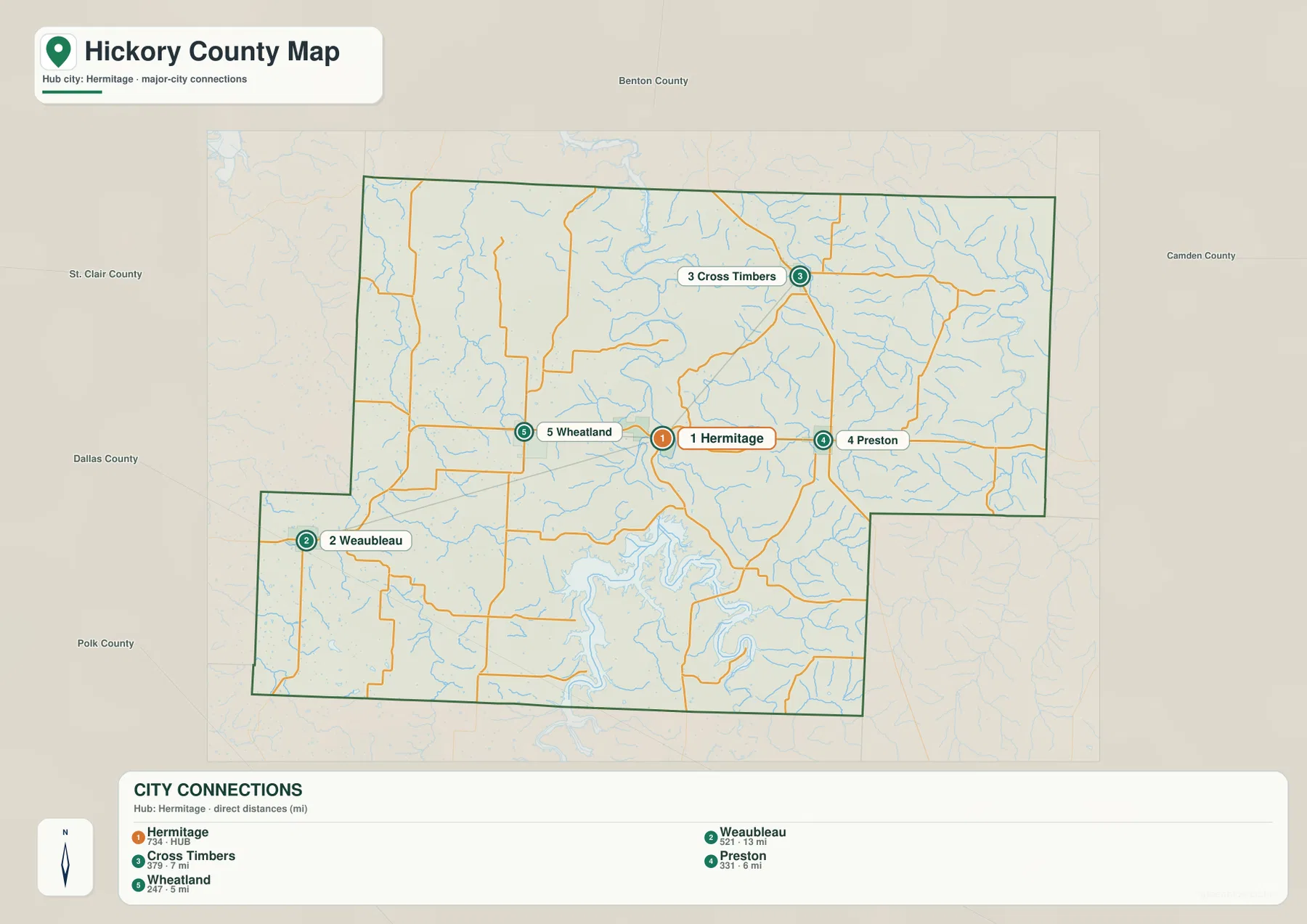 Hickory County Hermitage city connections map
