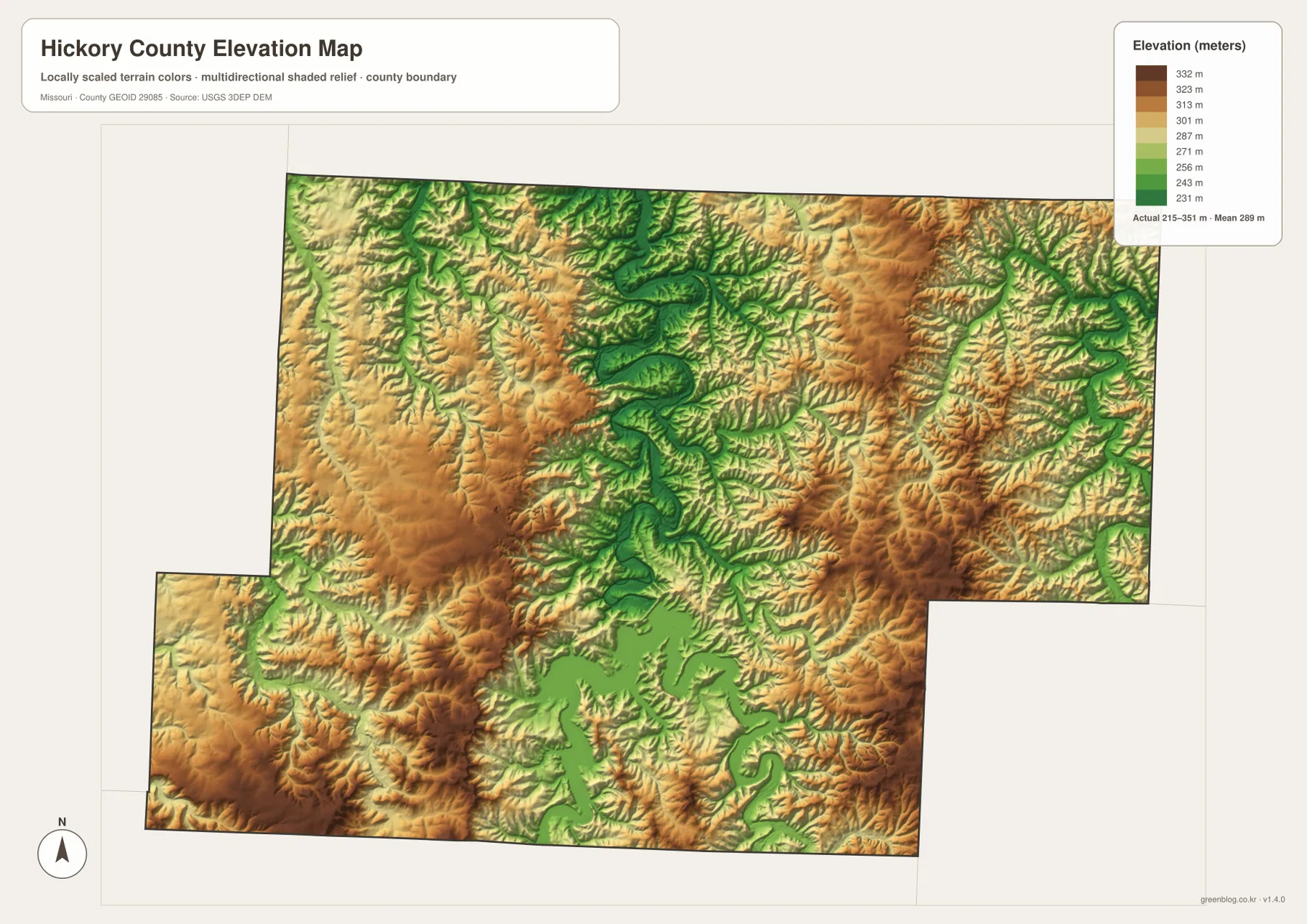 Hickory County elevation map from 215 to 351 meters