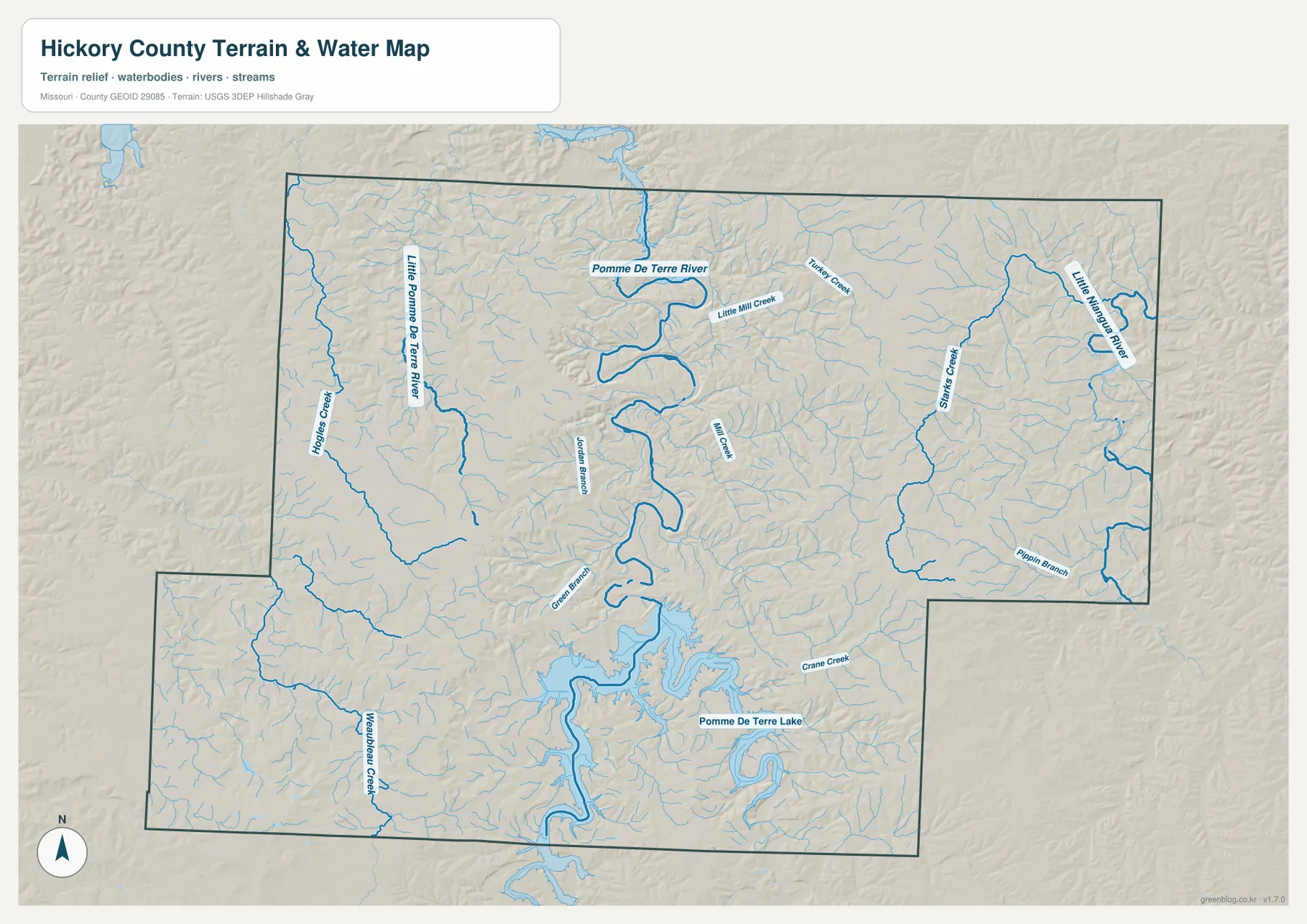 Hickory County Pomme de Terre River and Lake terrain map
