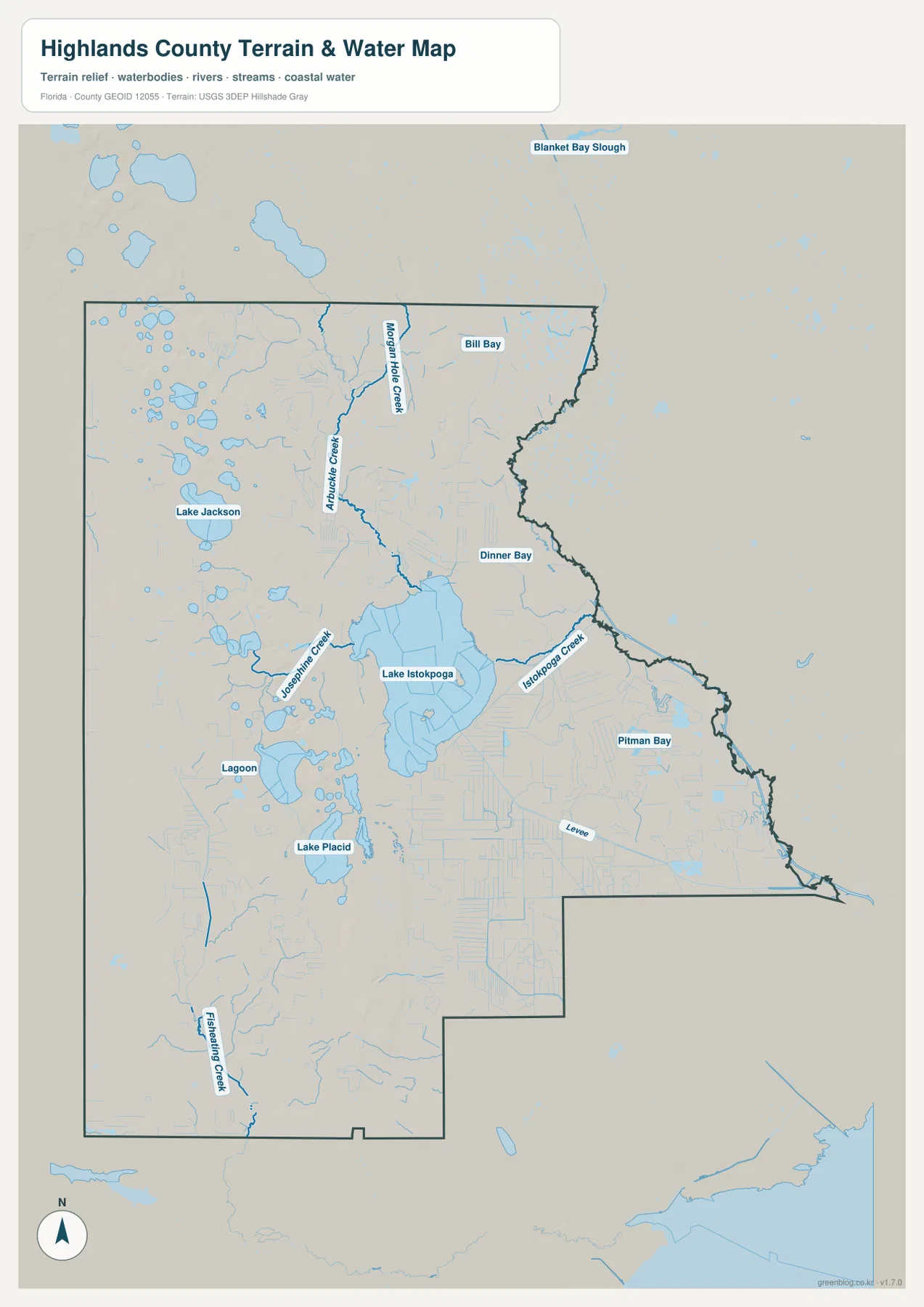 Highlands County terrain and water map showing Lake Istokpoga, Lake Jackson, Lake Placid, Arbuckle Creek, Josephine Creek, and eastern waterways