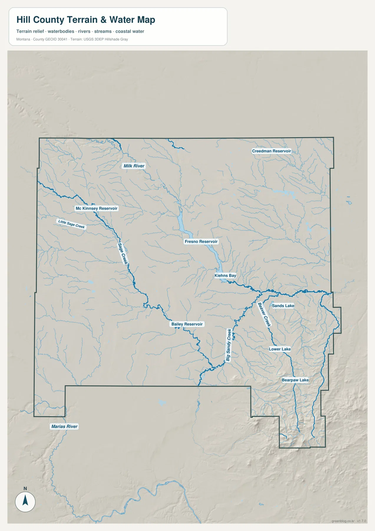 Milk River, Fresno Reservoir, Sage Creek, Big Sandy Creek와 Beaver Creek를 표시한 Hill County 수역 지형 지도