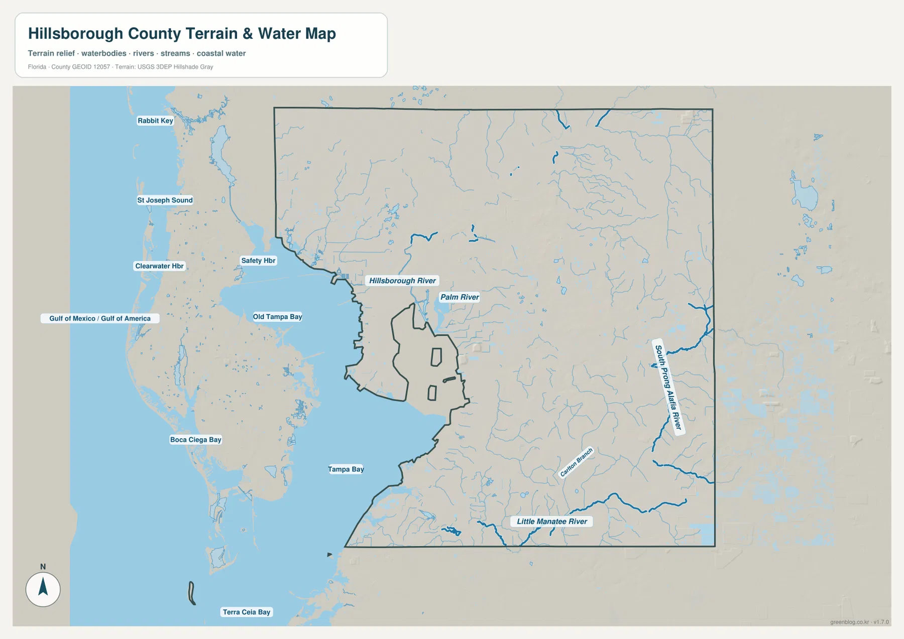 Hillsborough County terrain and water map showing the Hillsborough River, Alafia River system, Little Manatee River, and Tampa Bay