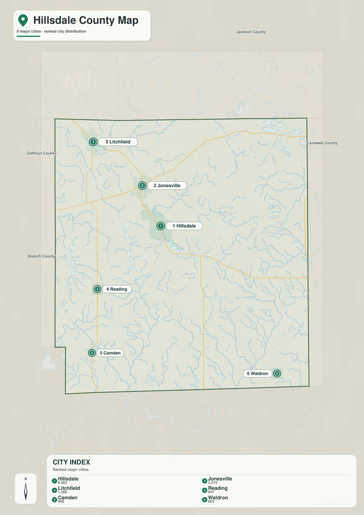 Hillsdale County Michigan city distribution map with Hillsdale, Jonesville, Litchfield, Reading, Camden and Waldron numbered