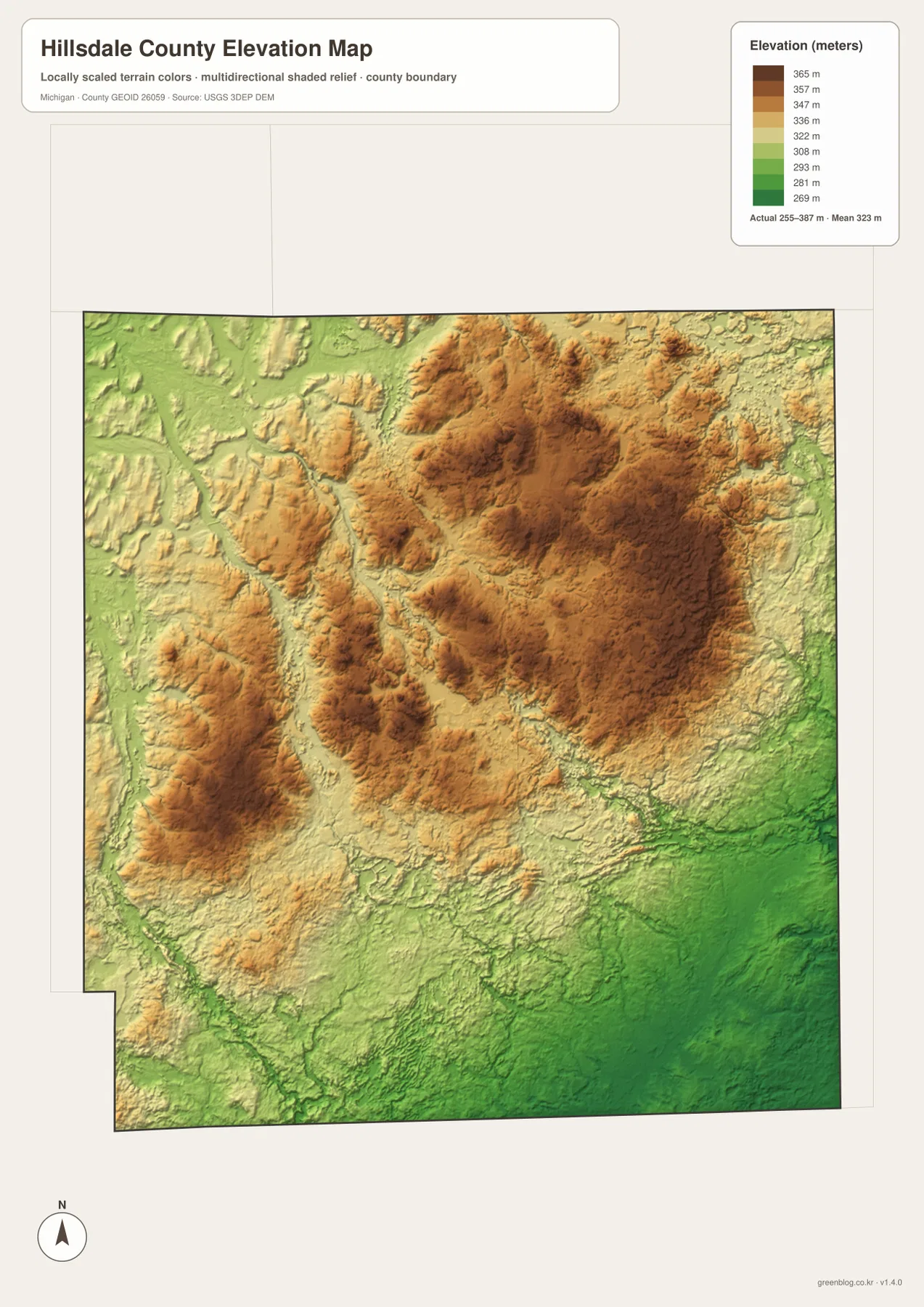 Hillsdale County Michigan elevation map showing high central and northeastern hills with lower western valleys and southeastern lowlands