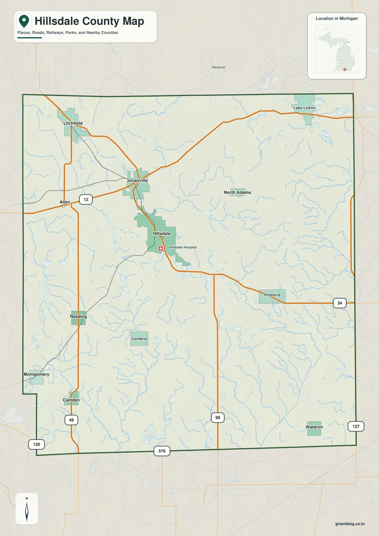 Hillsdale County Michigan map showing Hillsdale, Jonesville, Litchfield, Reading, Camden, Pittsford, Waldron, US-12, M-34, M-49 and M-99