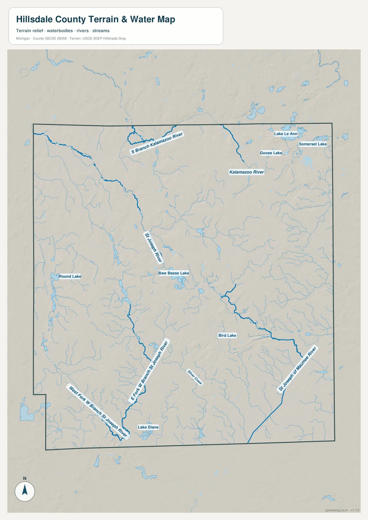 Hillsdale County terrain and water map showing South Branch Kalamazoo River, Kalamazoo River, St. Joseph River, East Fork West Branch St. Joseph River, West Fork West Branch St. Joseph River, St. Joseph of Maumee River, Baw Beese Lake, Round Lake, Bird Lake, Lake Diane, Lake LeAnn, Somerset Lake and Goose Lake