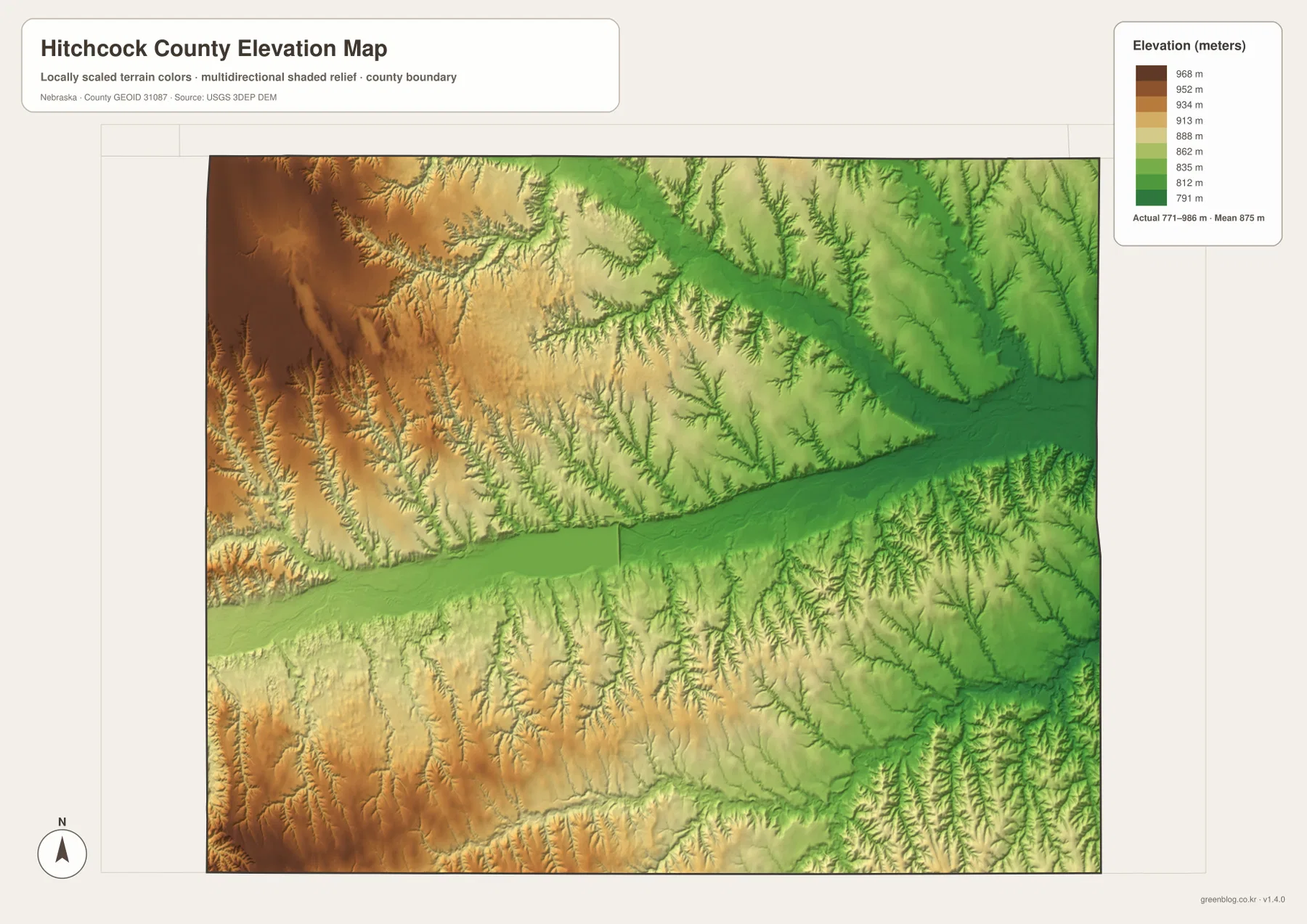 Hitchcock County elevation map showing a 771 to 968 meter range, higher western uplands, and the lower Republican River valley