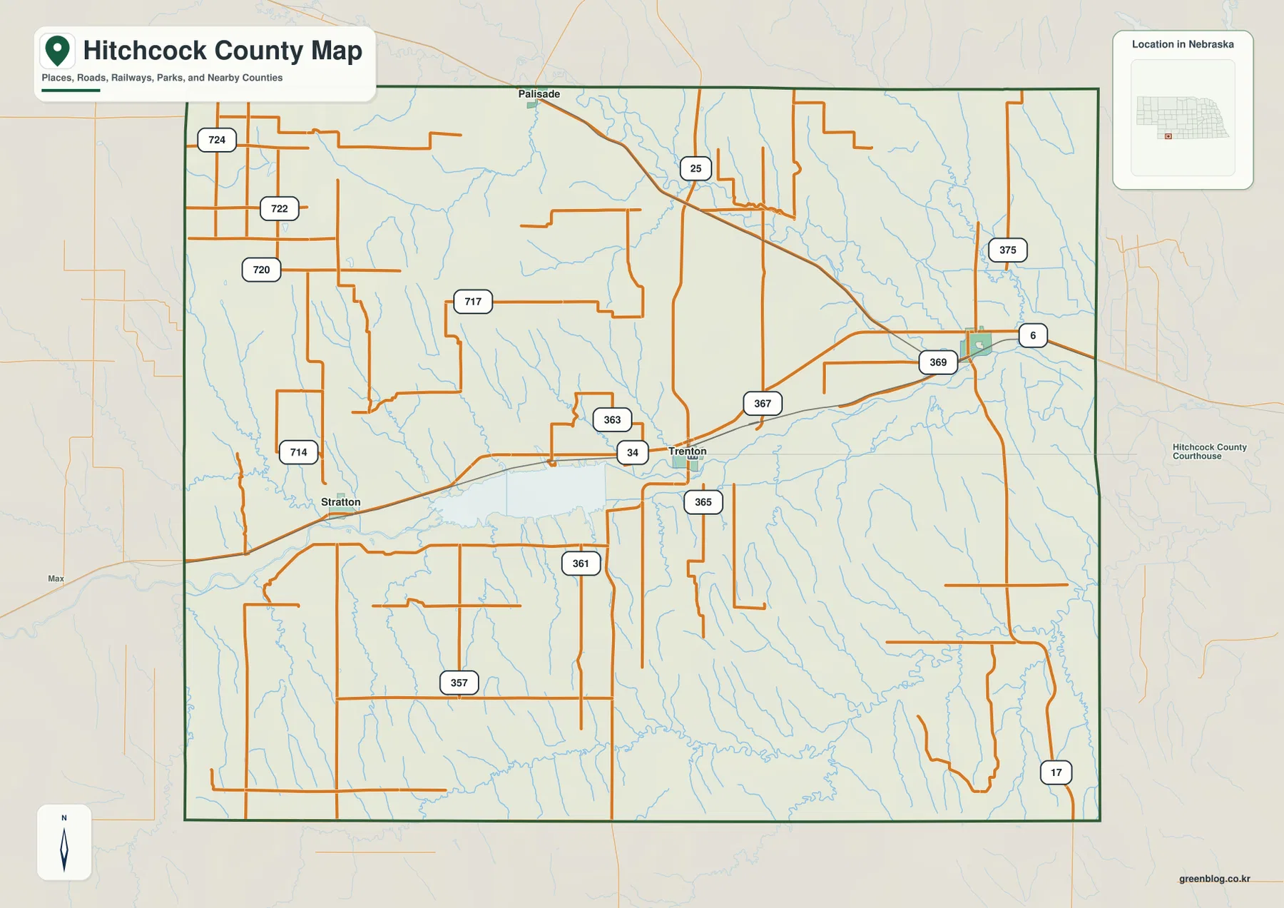 Hitchcock County Nebraska map showing Stratton, Trenton, Culbertson, Palisade, U.S. 34, Highway 25, roads, streams, and the county boundary